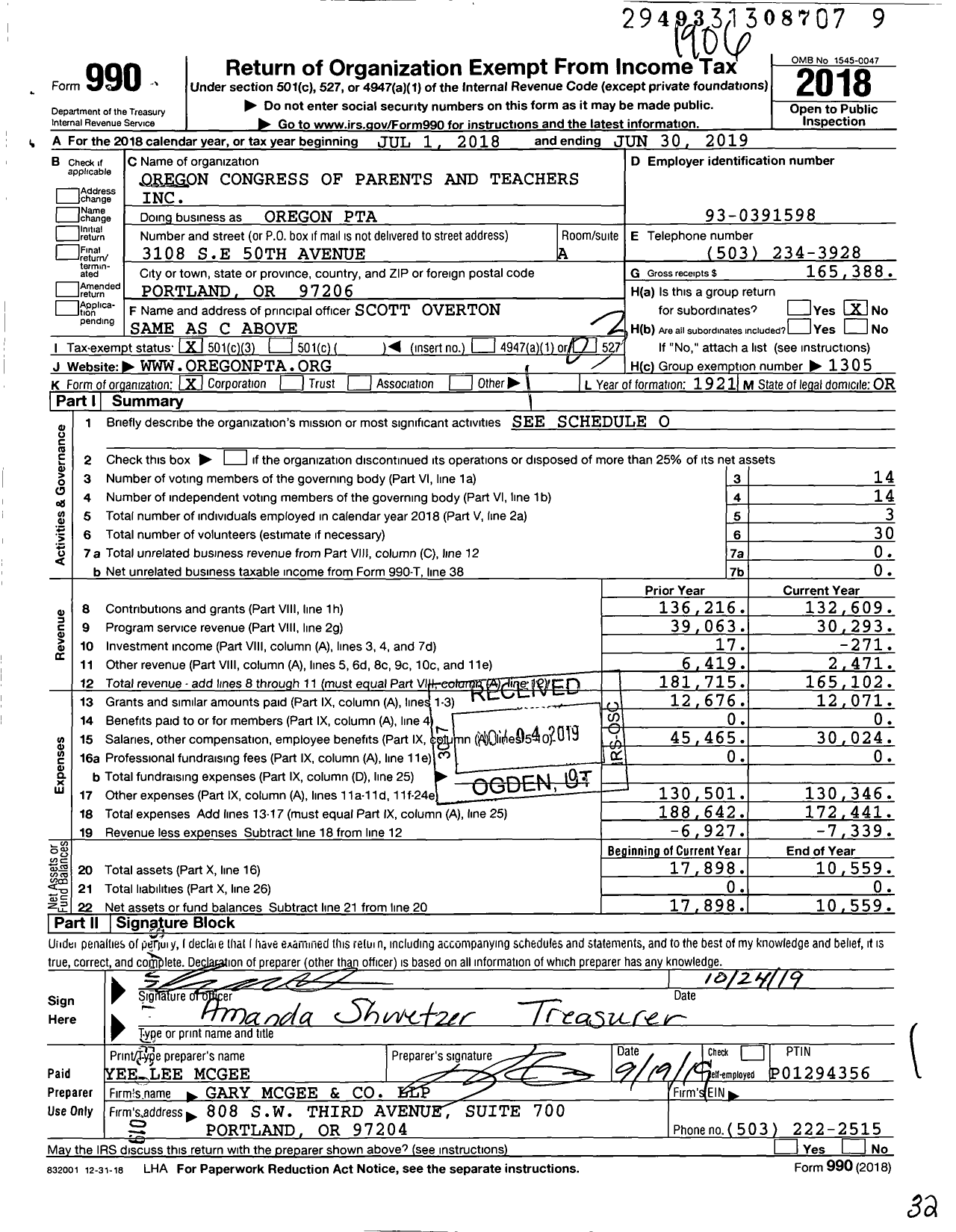 Image of first page of 2018 Form 990 for PTA Oregon CONGRESS / Oregon Ptao