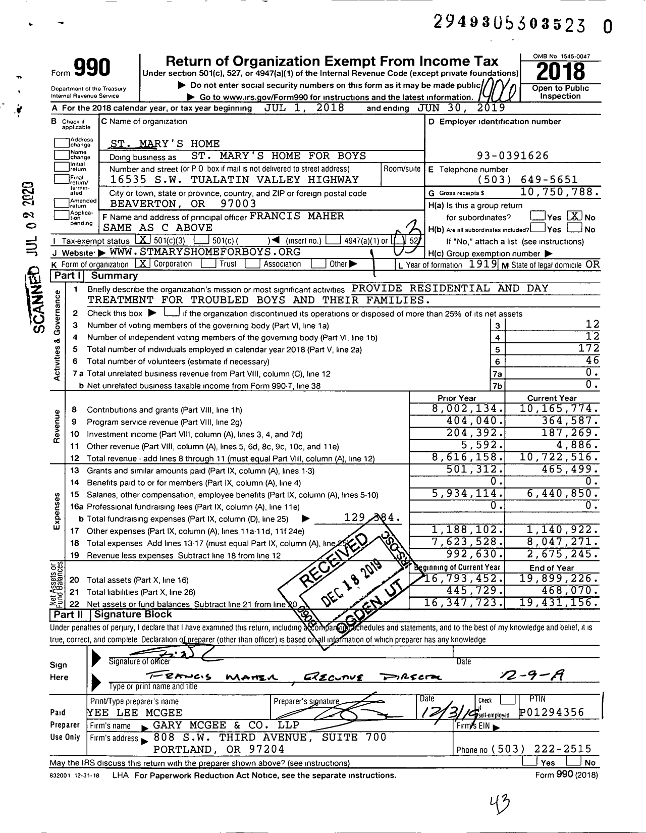 Image of first page of 2018 Form 990 for St Mary's Home for Boys