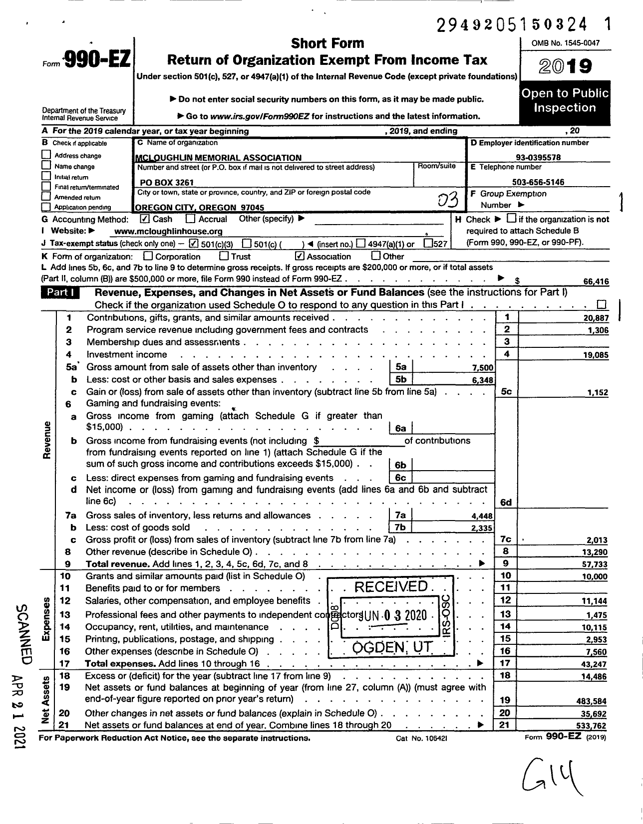 Image of first page of 2019 Form 990EZ for Mcloughlin Memorial Association