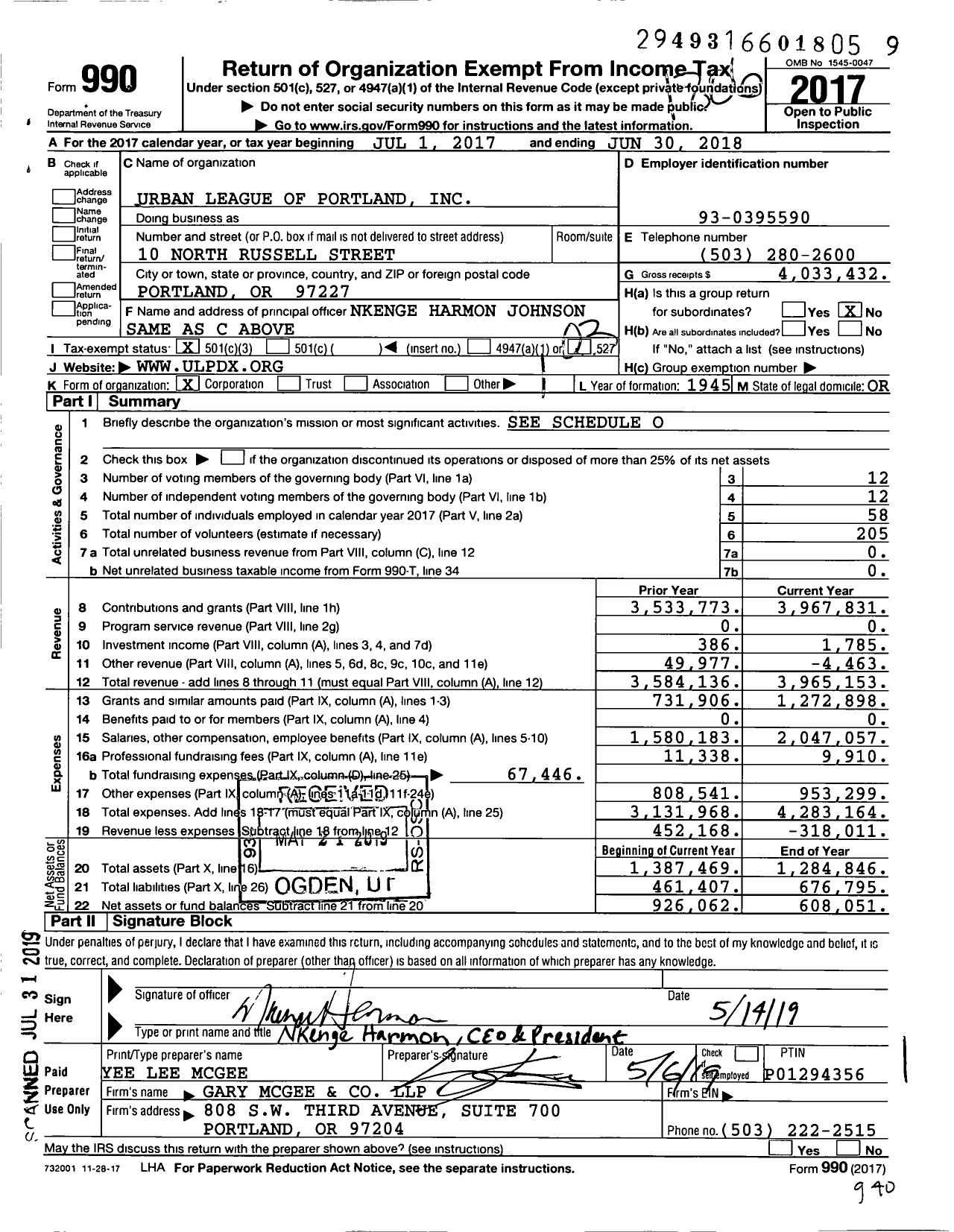 Image of first page of 2017 Form 990 for Urban League of Portland