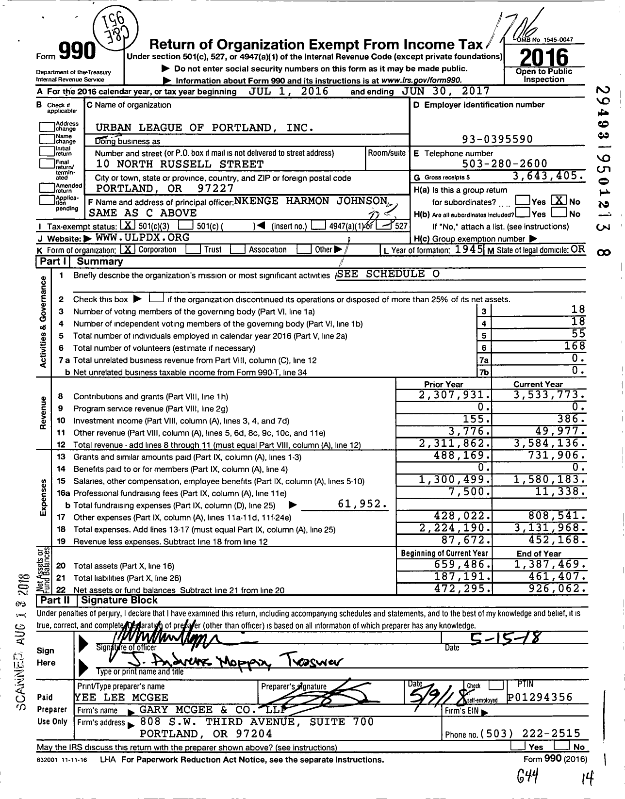 Image of first page of 2016 Form 990 for Urban League of Portland