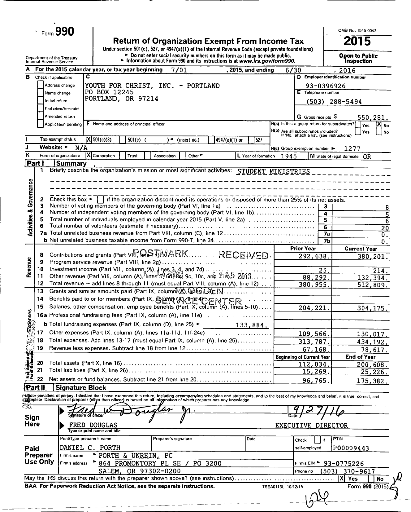 Image of first page of 2015 Form 990 for Youth for Christ - Portland Area