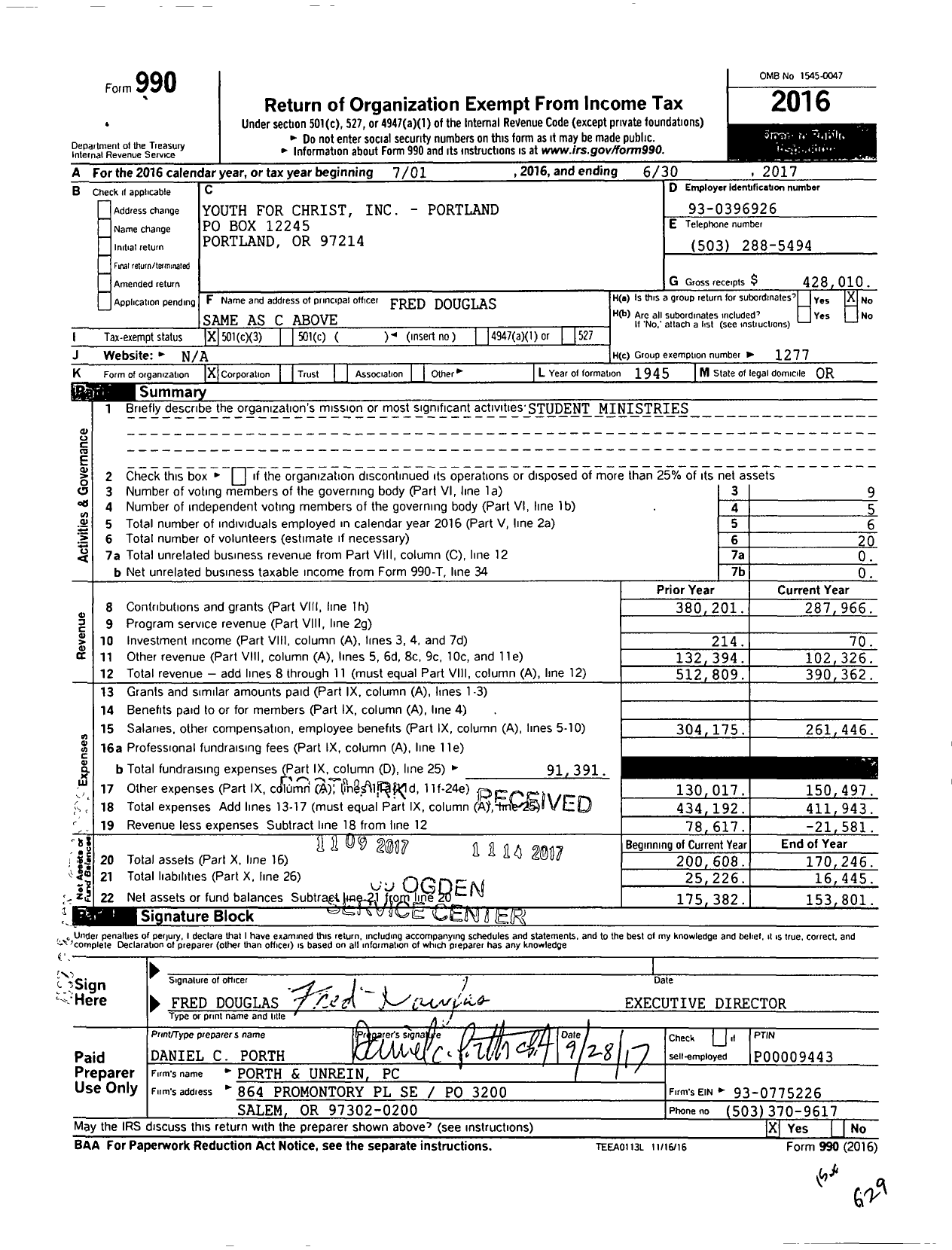 Image of first page of 2016 Form 990 for Youth for Christ - Portland Area