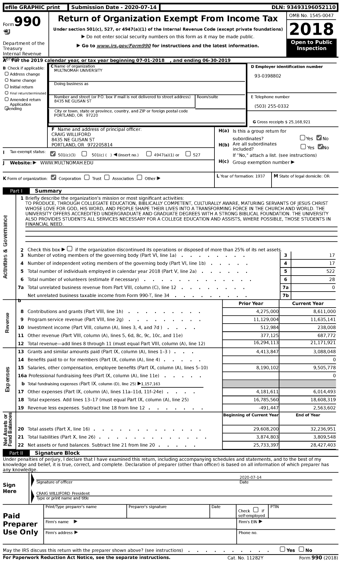 Image of first page of 2018 Form 990 for Multnomah University