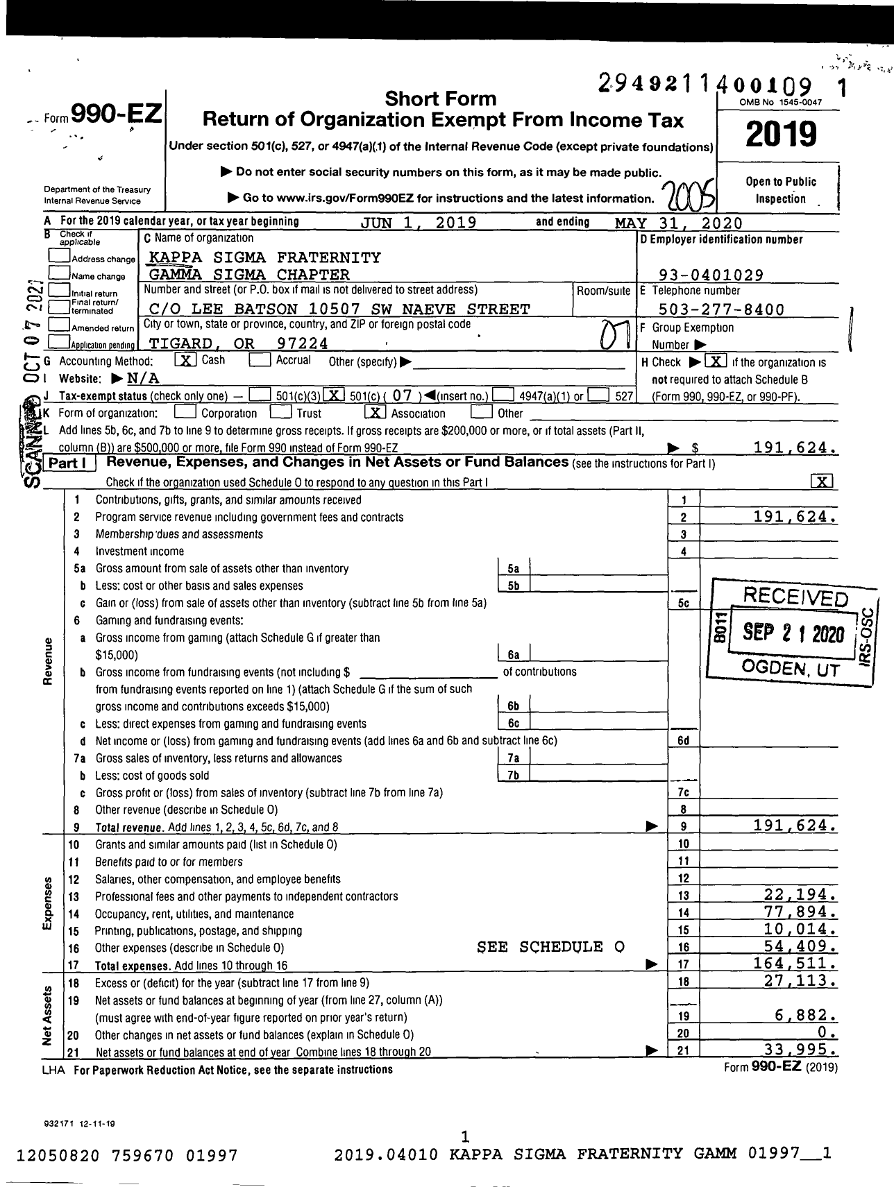 Image of first page of 2019 Form 990EO for Kappa Sigma Fraternity - 102 Gamma-Sigma Chapter