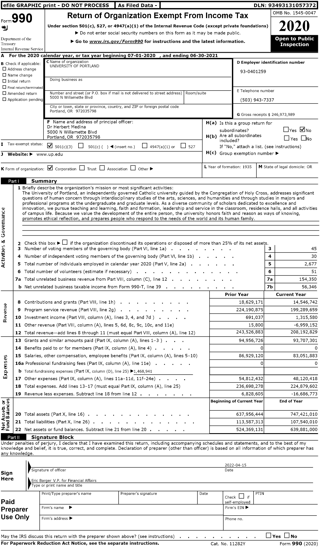 Image of first page of 2020 Form 990 for University of Portland (UP)
