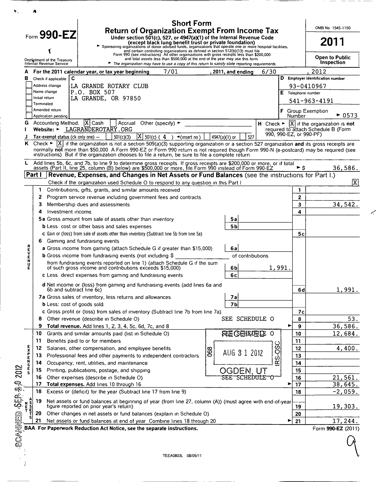 Image of first page of 2011 Form 990EO for Rotary International - La Grande