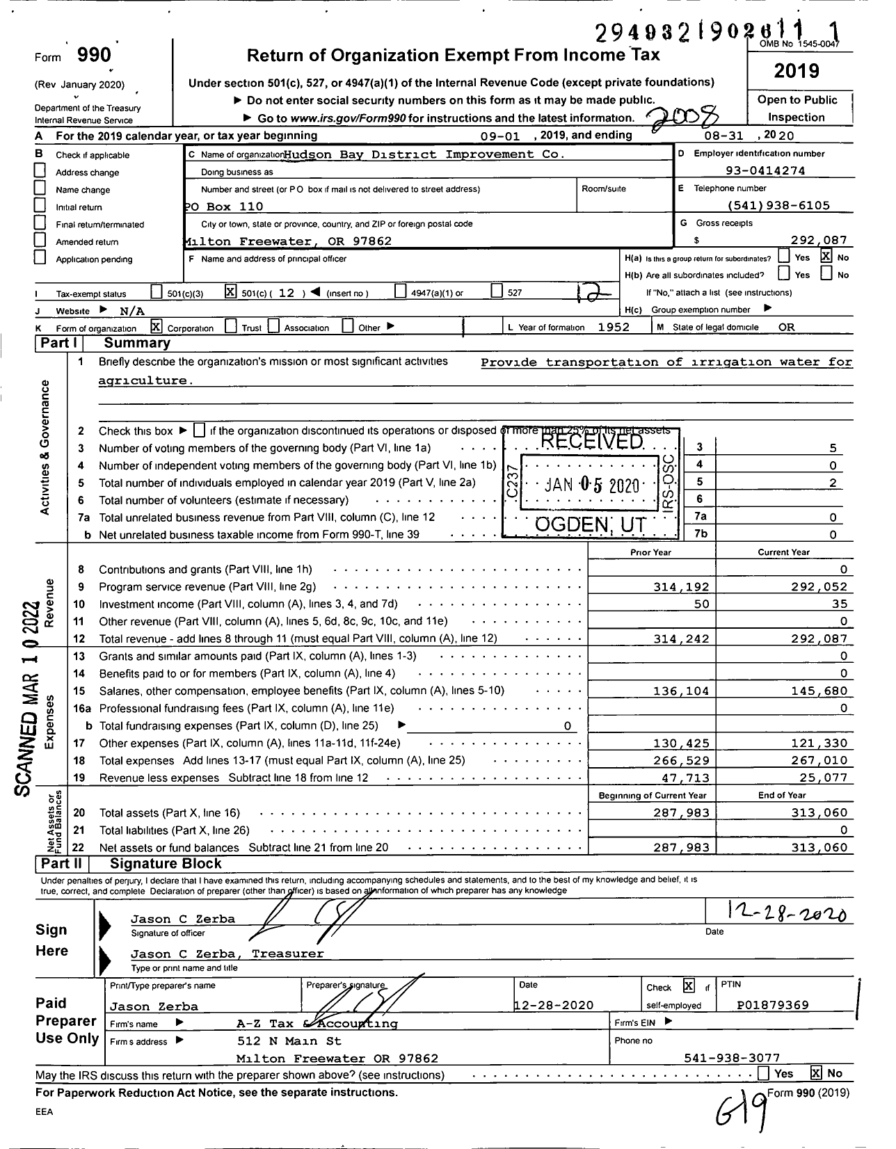 Image of first page of 2019 Form 990O for Hudson Bay District Improvement Co