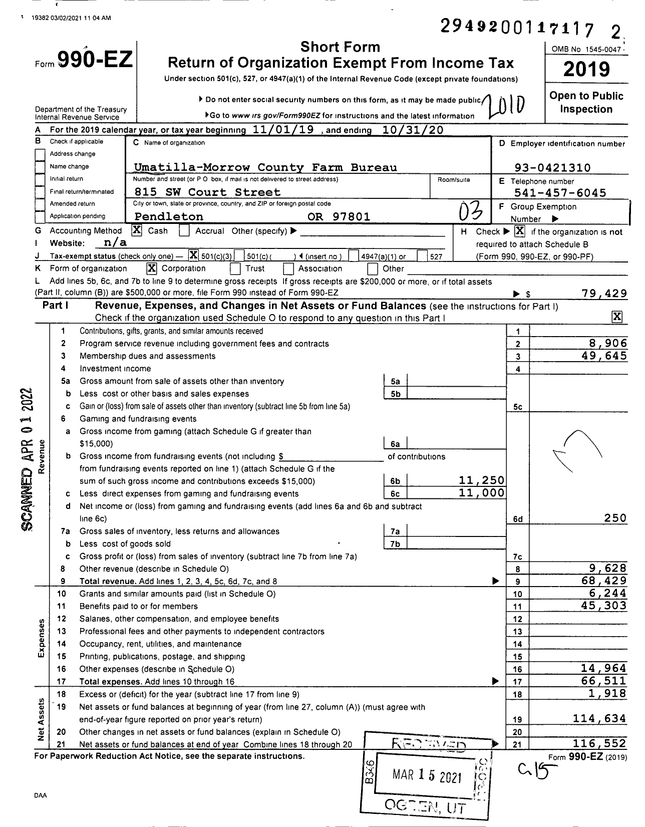 Image of first page of 2019 Form 990EZ for Umatilla-Morrow County Farm Bureau