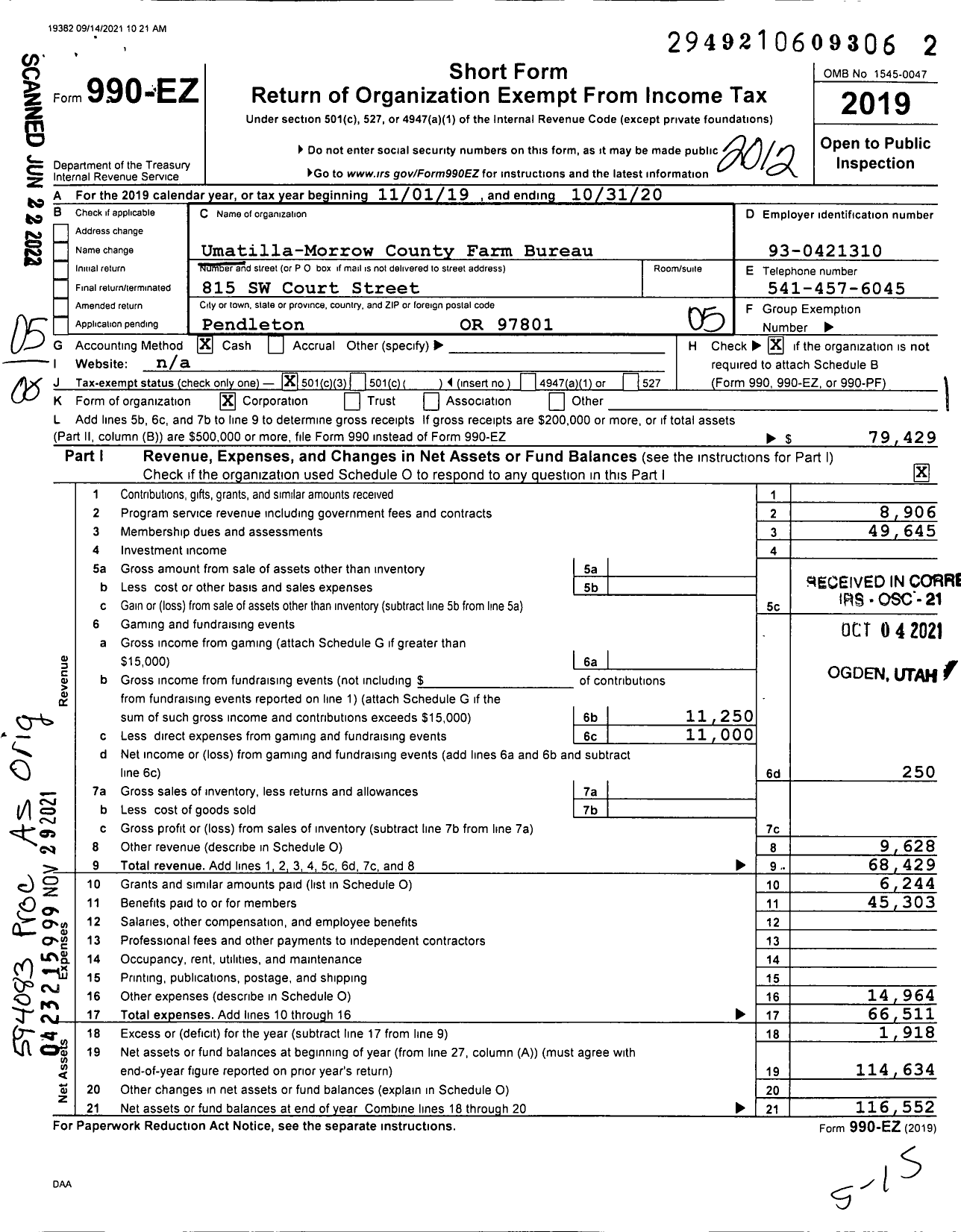 Image of first page of 2020 Form 990EO for Umatilla-Morrow County Farm Bureau