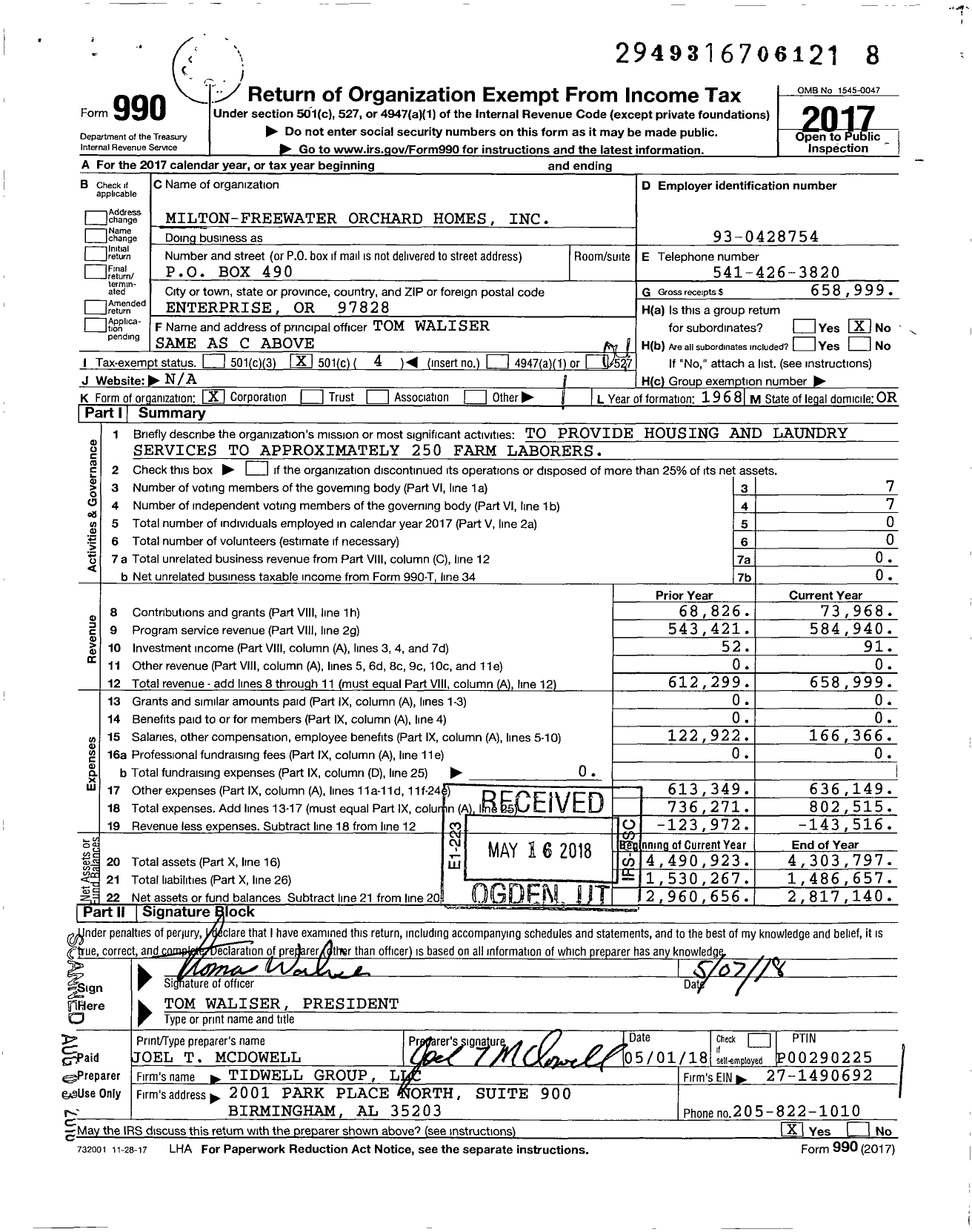 Image of first page of 2017 Form 990O for Milton-Freewater Orchard Homes