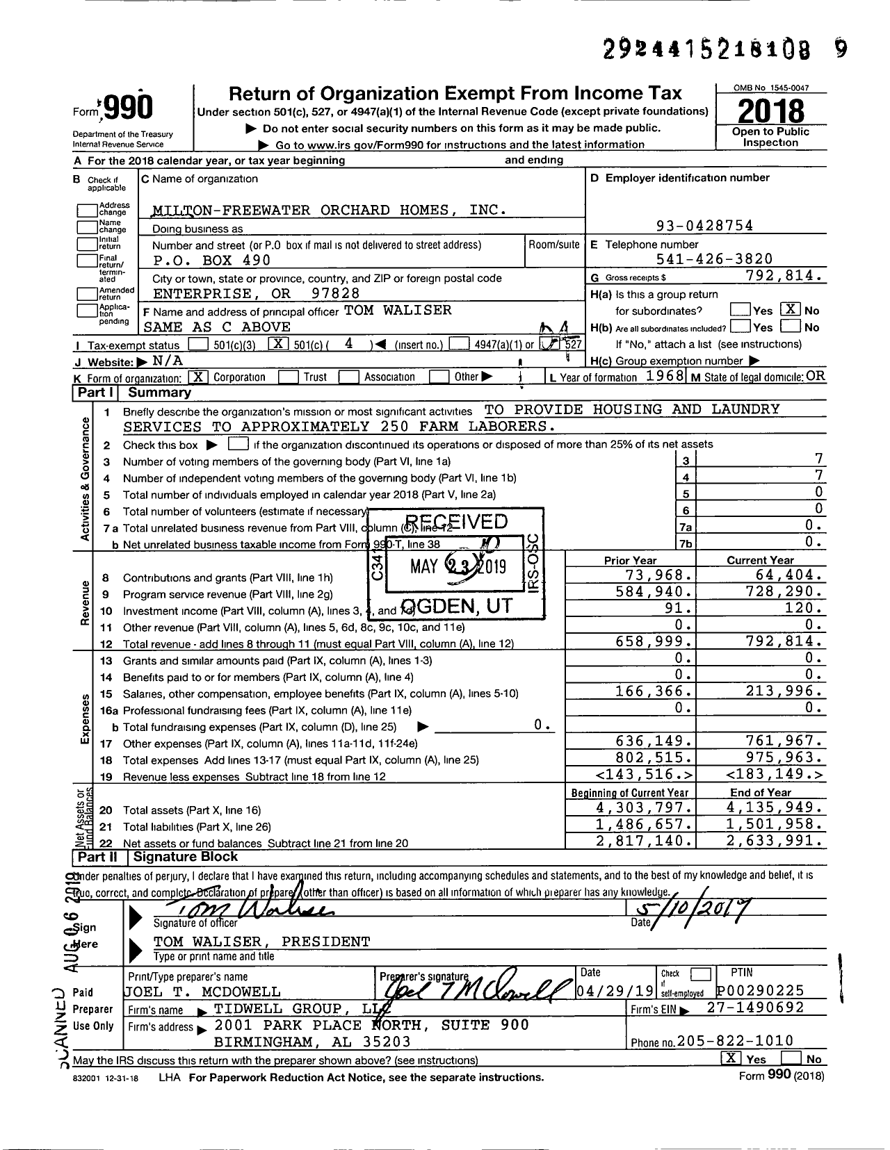 Image of first page of 2018 Form 990O for Milton-Freewater Orchard Homes