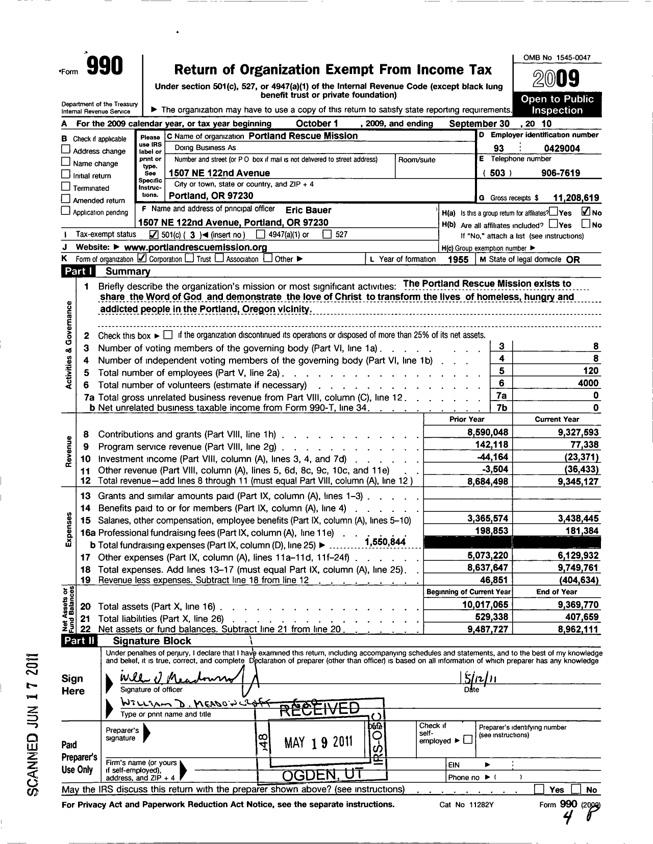 Image of first page of 2009 Form 990 for Portland Rescue Mission