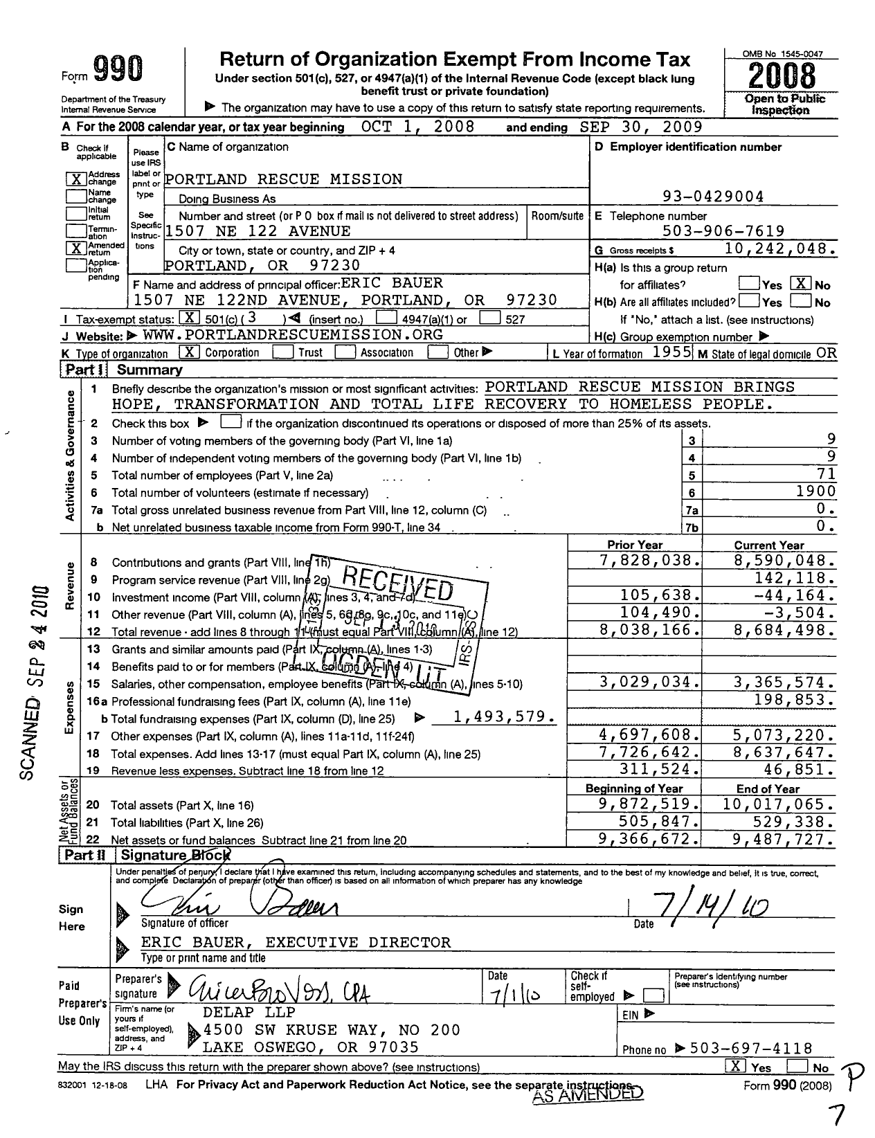 Image of first page of 2008 Form 990 for Portland Rescue Mission