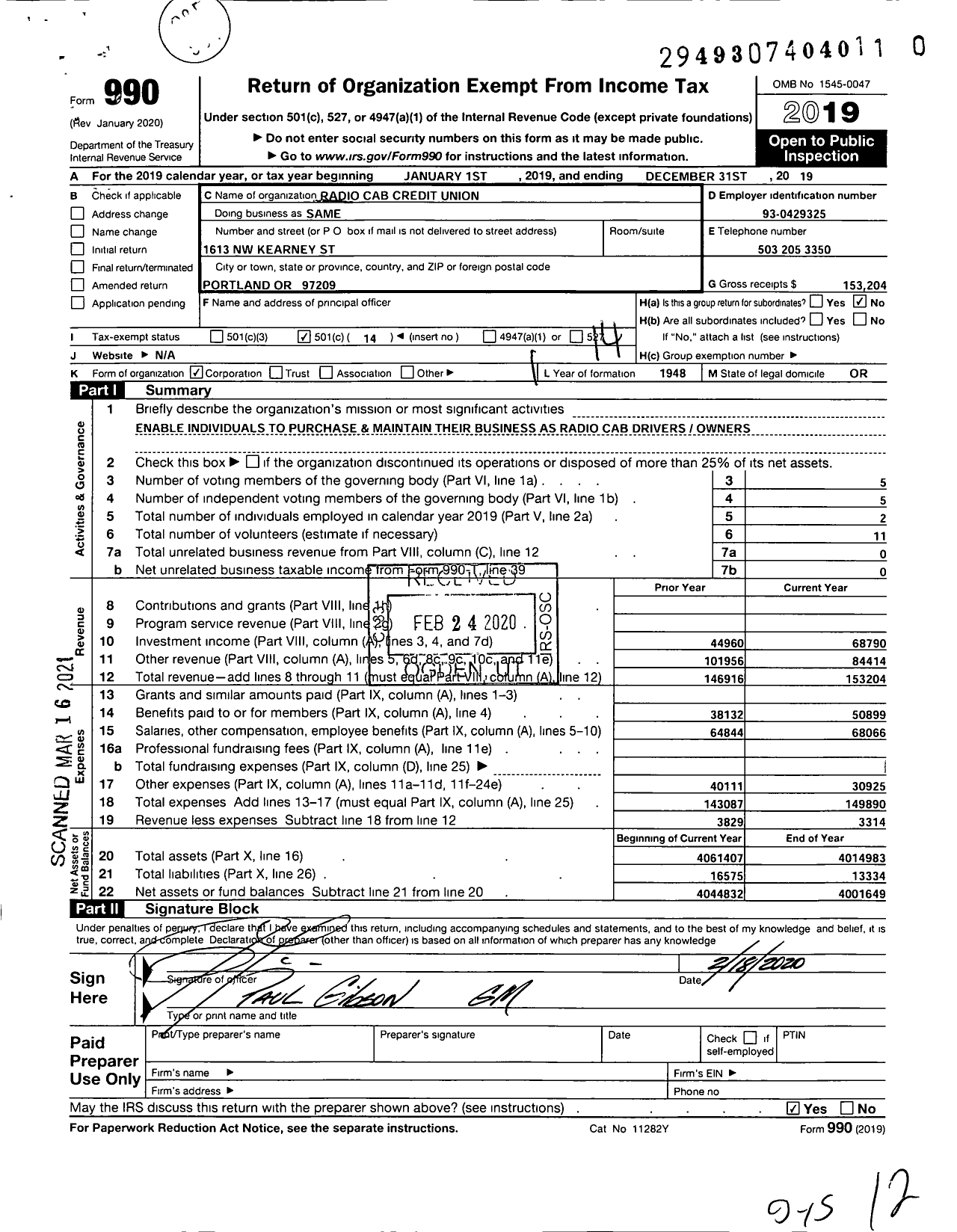 Image of first page of 2019 Form 990O for Radio Cab Credit Union