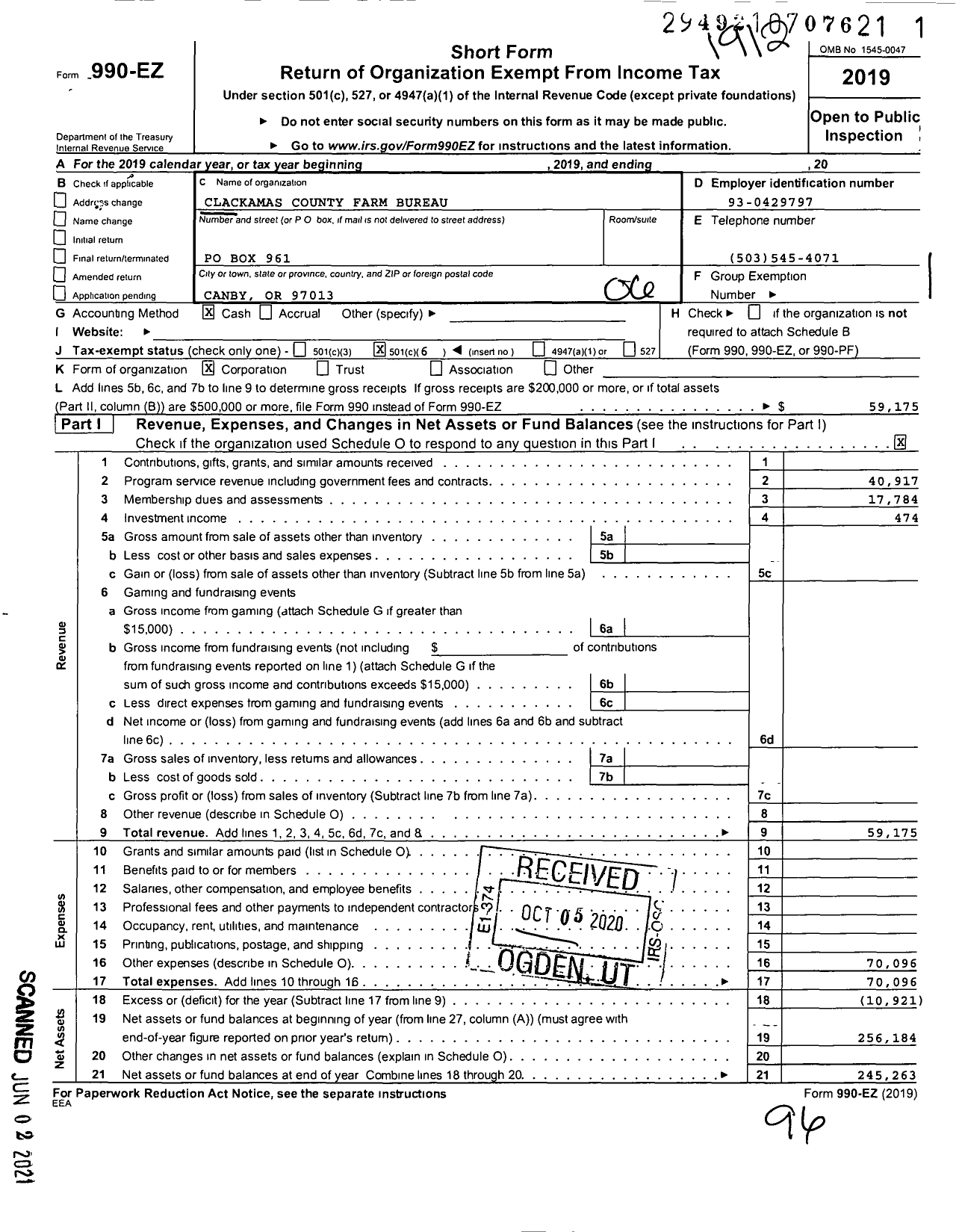 Image of first page of 2019 Form 990EO for Clackamas County Farm Bureau