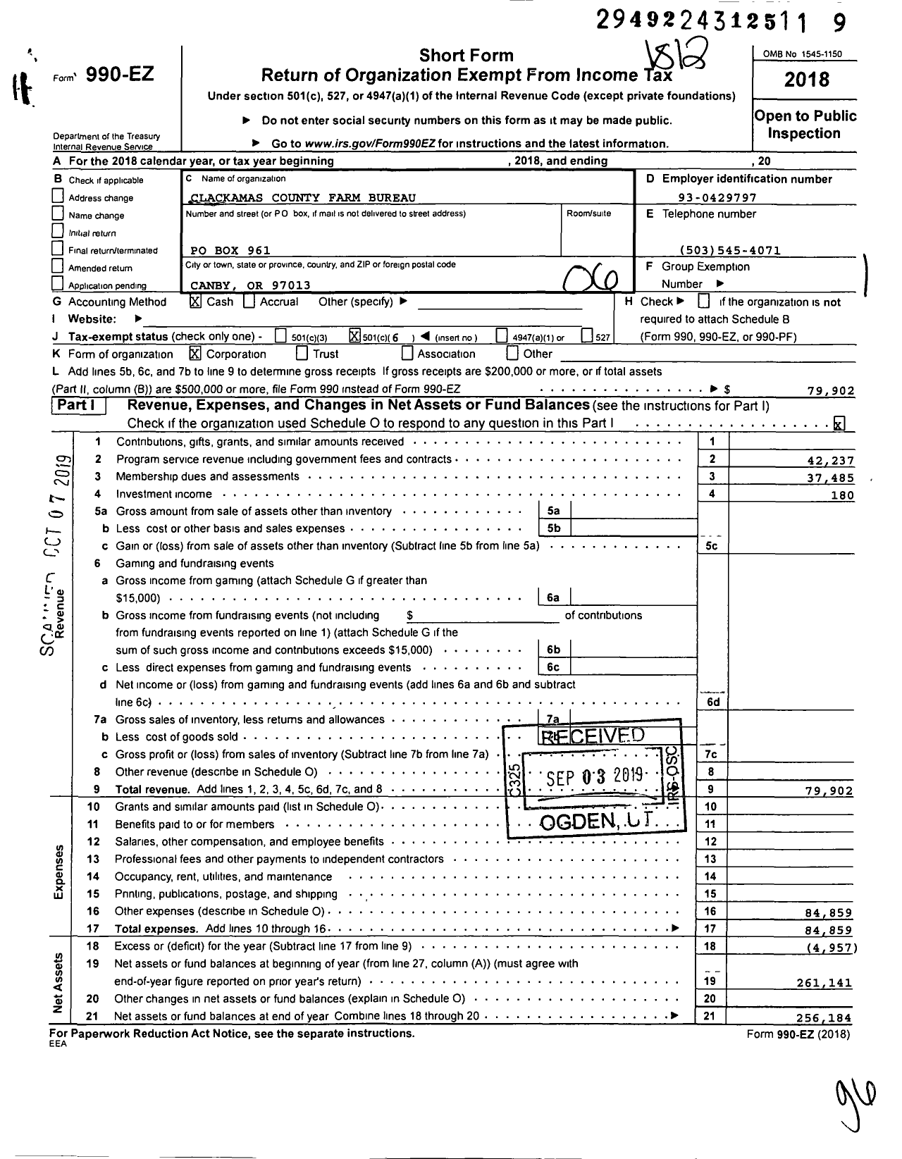 Image of first page of 2018 Form 990EO for Clackamas County Farm Bureau