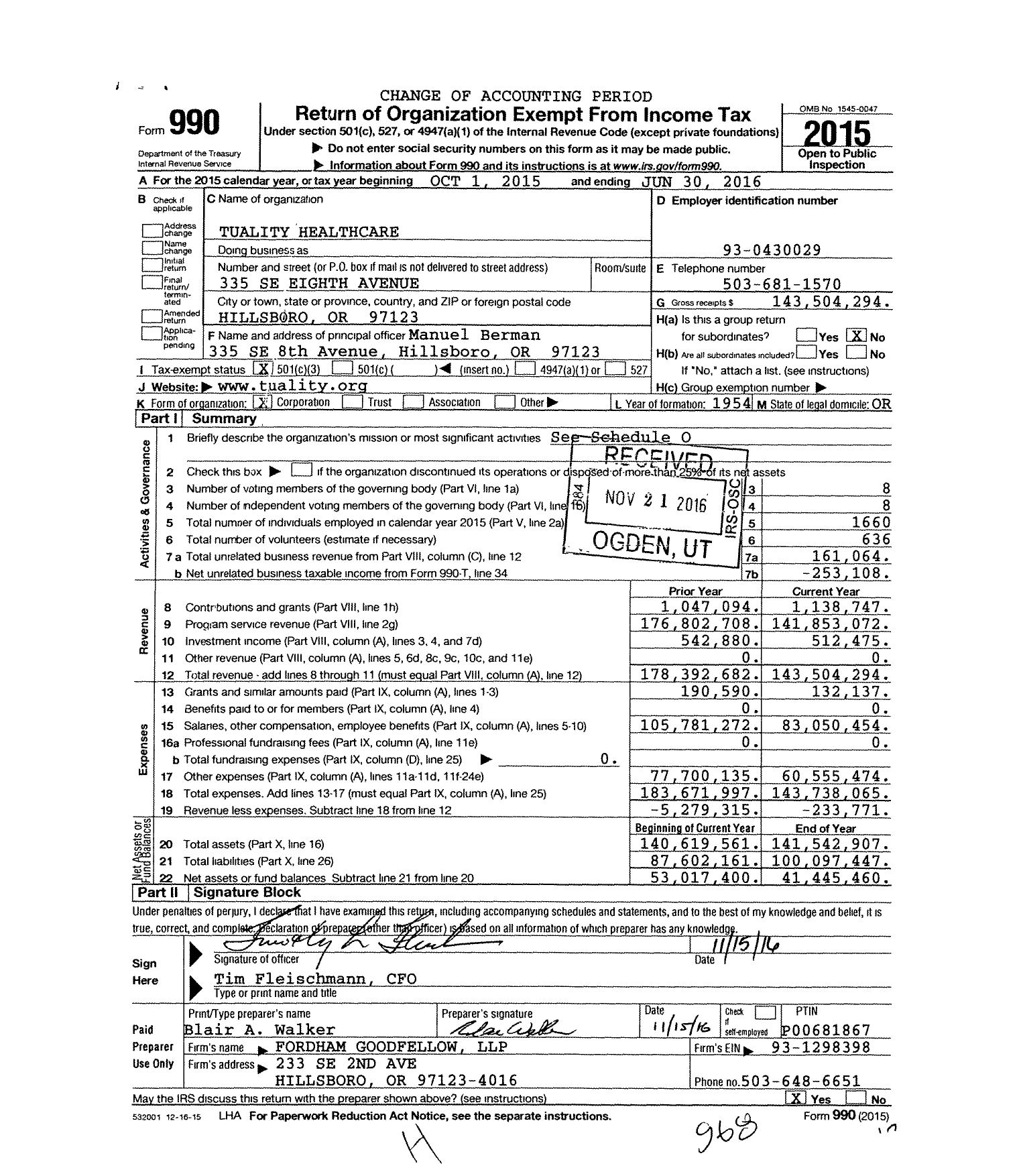 Image of first page of 2015 Form 990 for Tuality Healthcare
