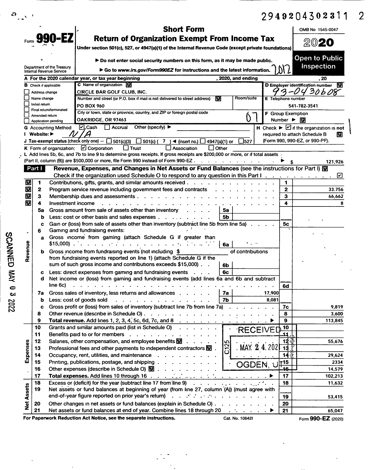 Image of first page of 2020 Form 990EO for Circle Bar Golf Club