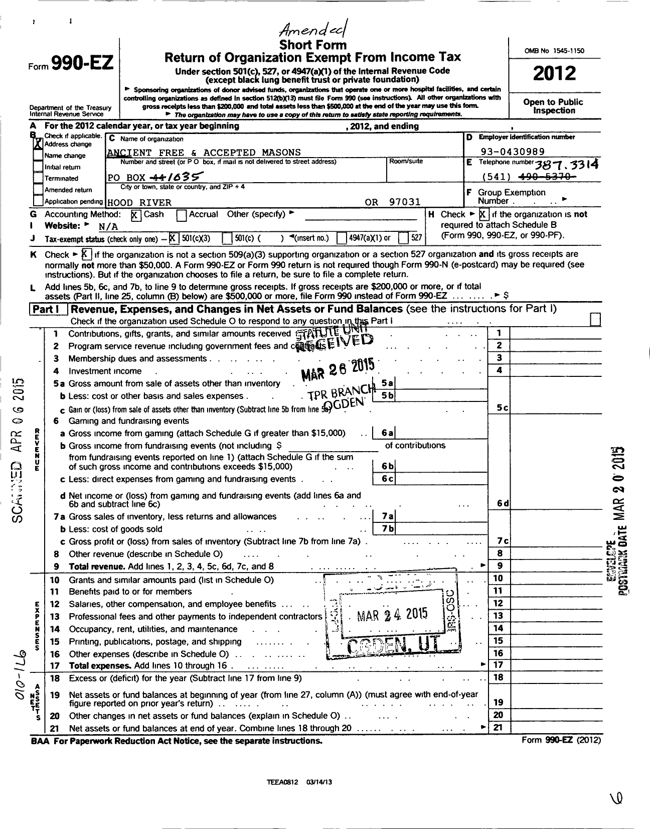 Image of first page of 2012 Form 990EZ for Ancient Free and Accepted Masons of Oregon - 105 Hood River Lodge