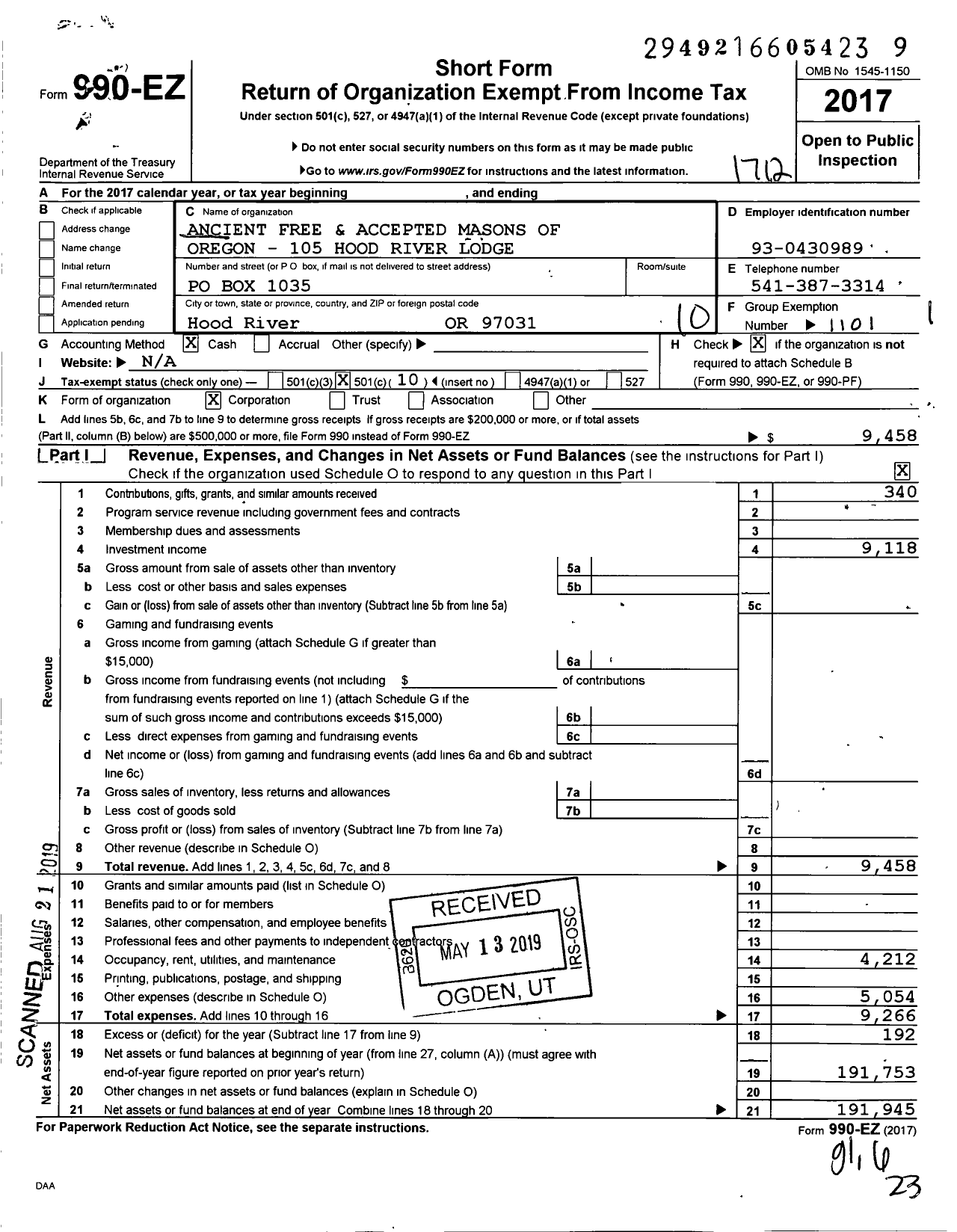 Image of first page of 2017 Form 990EO for Ancient Free and Accepted Masons of Oregon - 105 Hood River Lodge