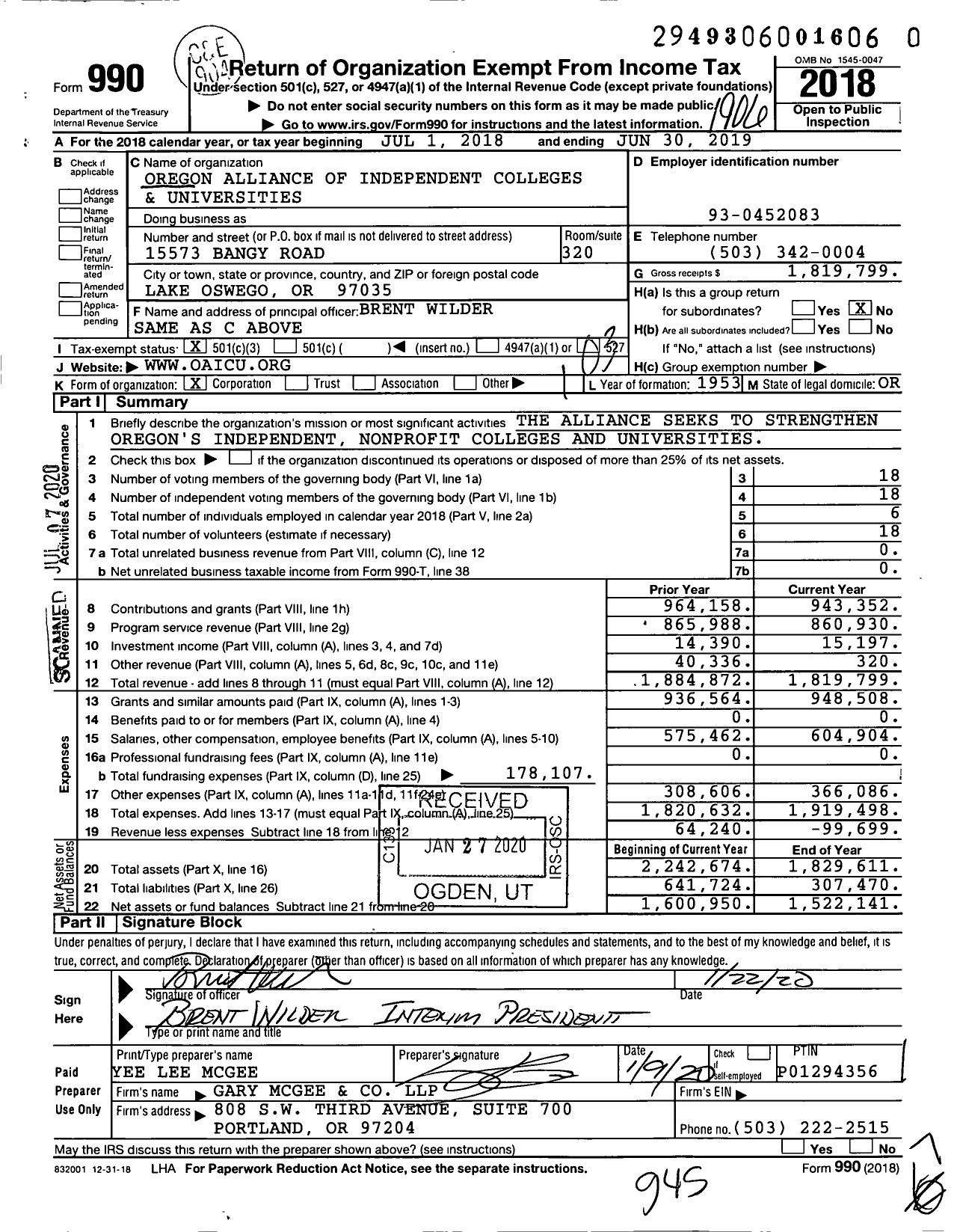 Image of first page of 2018 Form 990 for Oregon Alliance of Independent Colleges and Universities