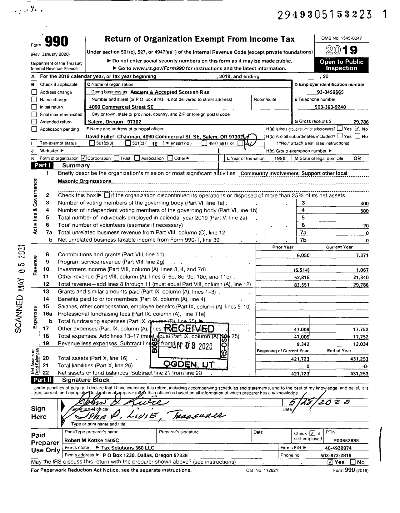 Image of first page of 2019 Form 990O for Scottish Rite of Freemasonry Southern Jurisdiction - Valley of Salem & Coord Bodies