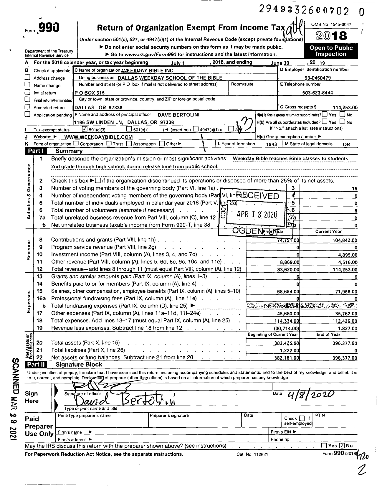 Image of first page of 2018 Form 990 for Weekday Bible