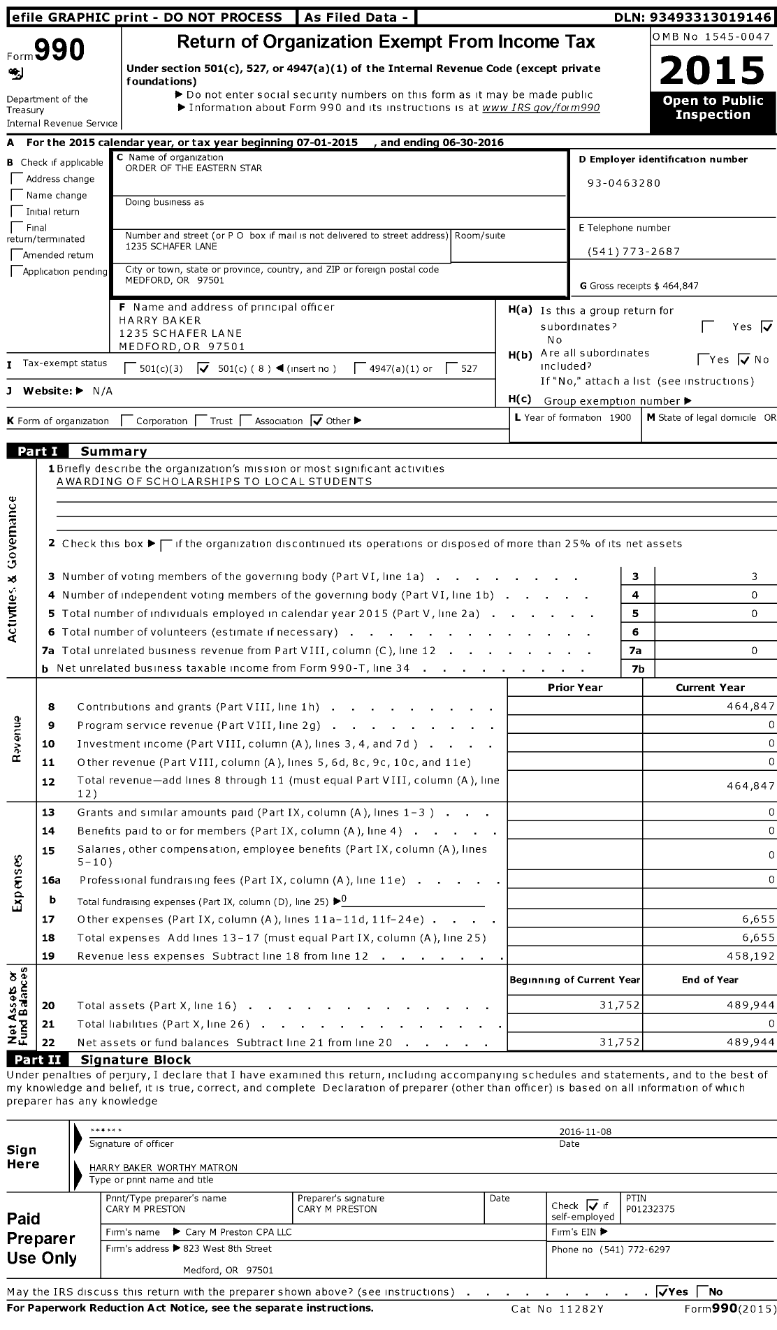 Image of first page of 2015 Form 990O for Order of the Eastern Star - 66 Reames Medford