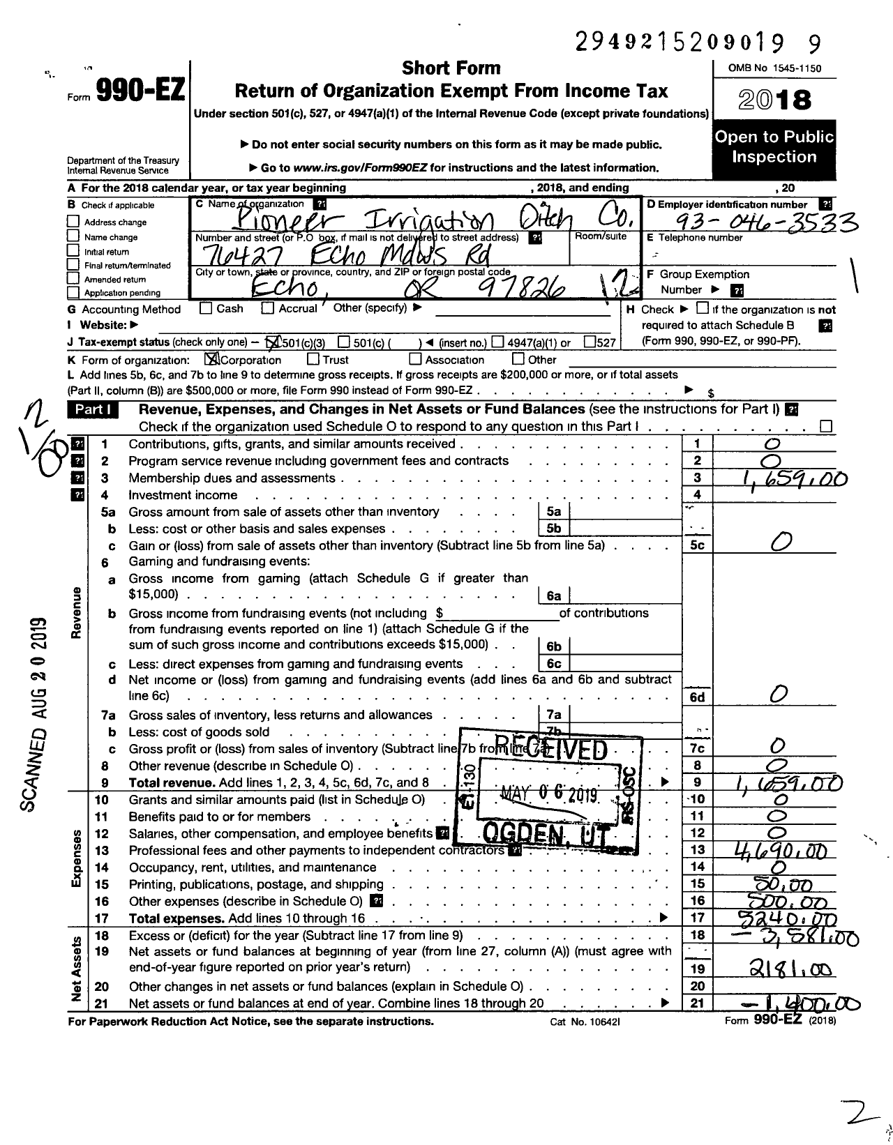 Image of first page of 2018 Form 990EO for Pioneer Irrigation