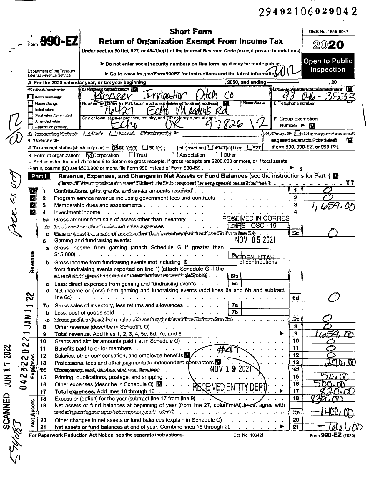Image of first page of 2020 Form 990EO for Pioneer Irrigation