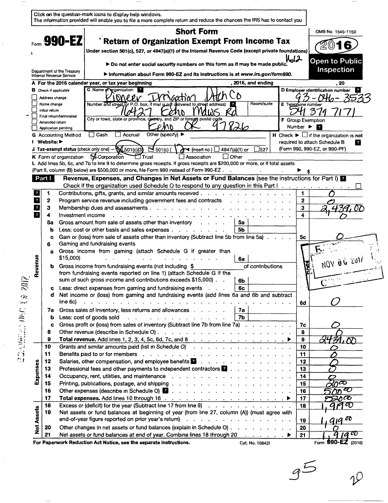 Image of first page of 2016 Form 990EO for Pioneer Irrigation