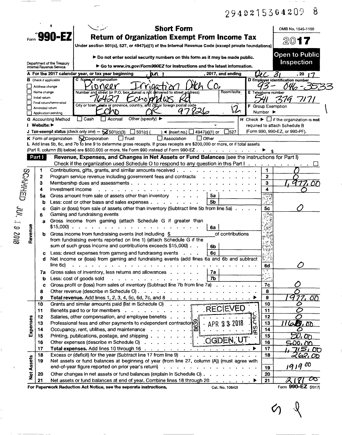 Image of first page of 2017 Form 990EO for Pioneer Irrigation