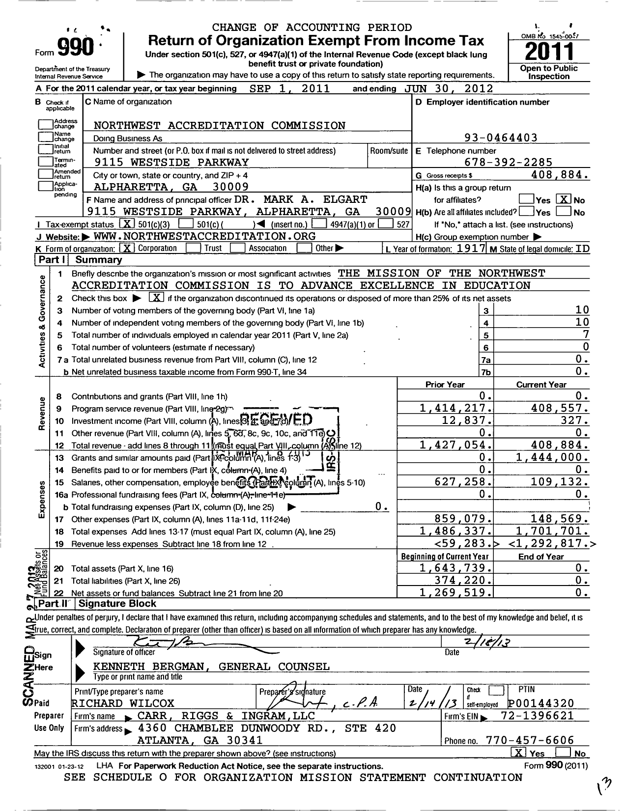 Image of first page of 2011 Form 990 for Northwest Accreditation Commission