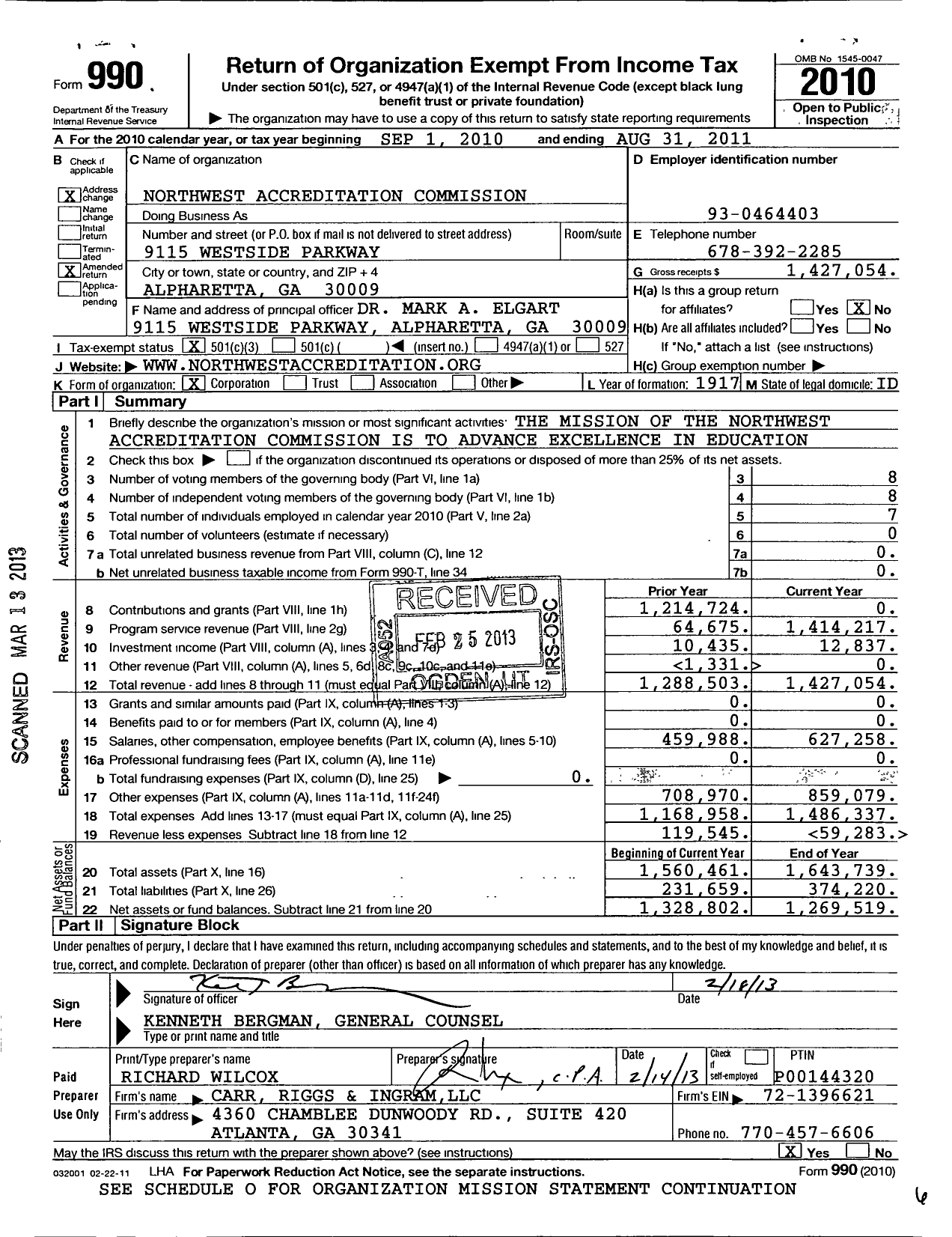 Image of first page of 2010 Form 990 for Northwest Accreditation Commission