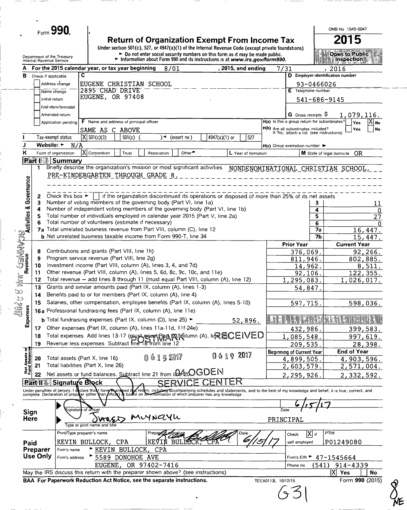 Image of first page of 2015 Form 990 for Eugene Christian School