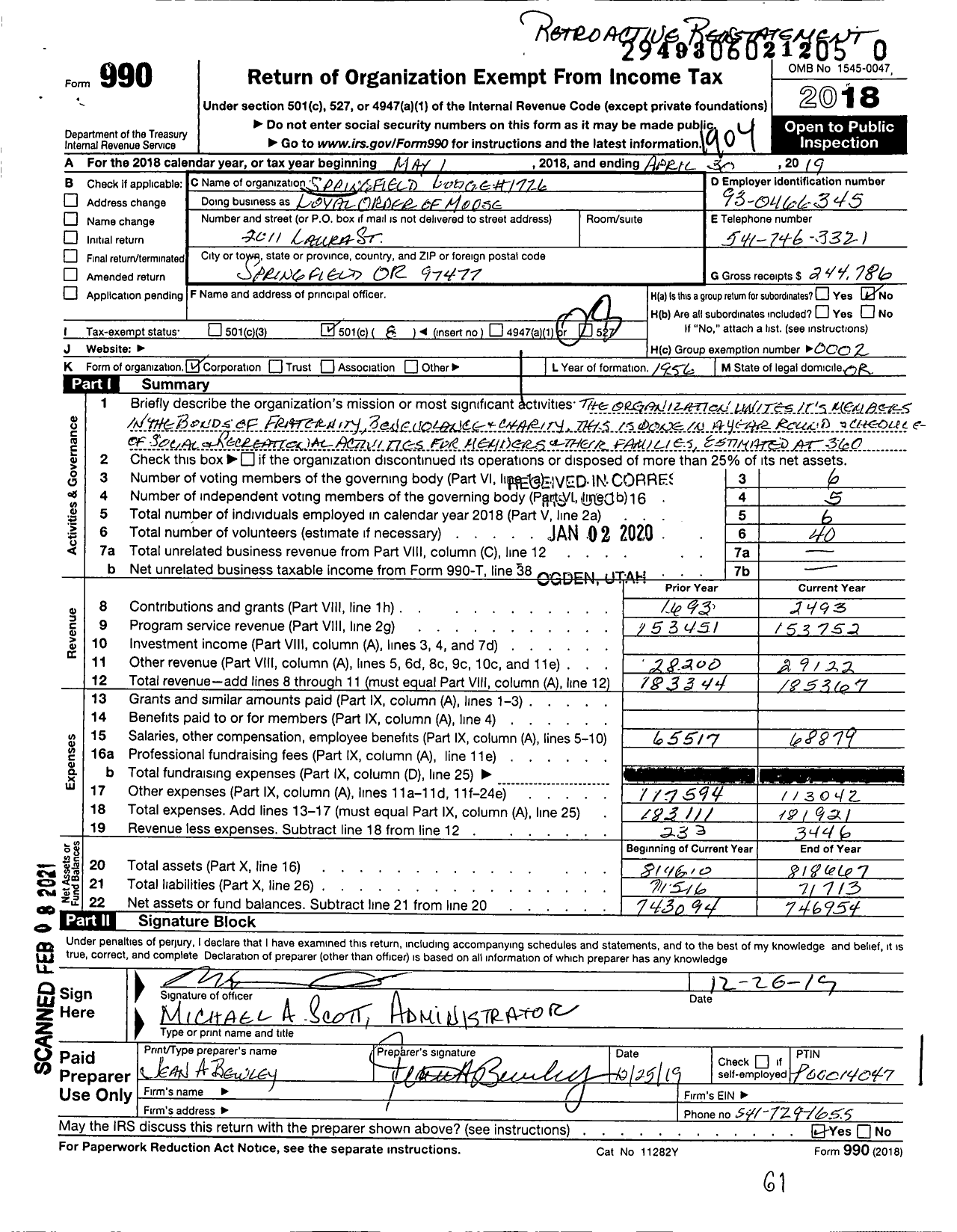 Image of first page of 2018 Form 990O for SPRINGFIELD Lodge #1726 Loyal Order of Moose