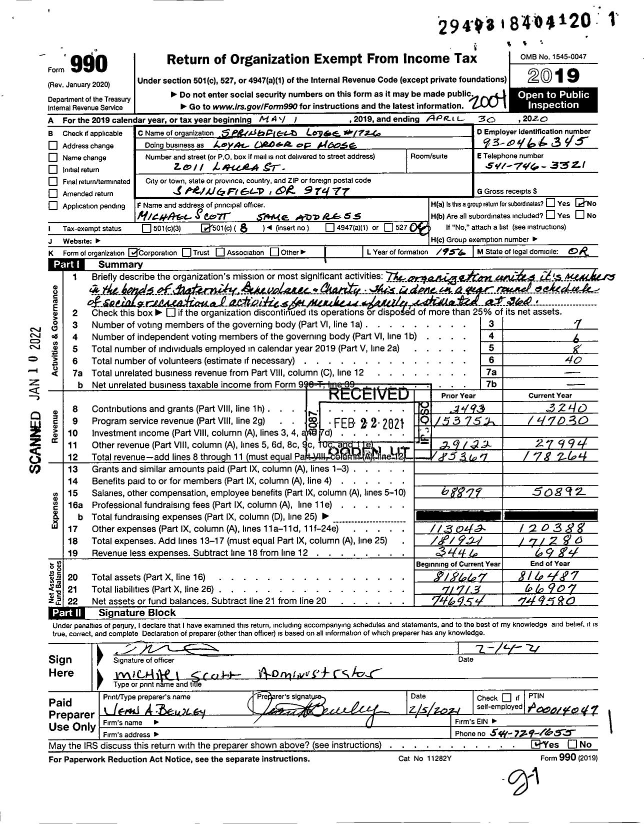 Image of first page of 2019 Form 990O for SPRINGFIELD Lodge #1726 Loyal Order of Moose