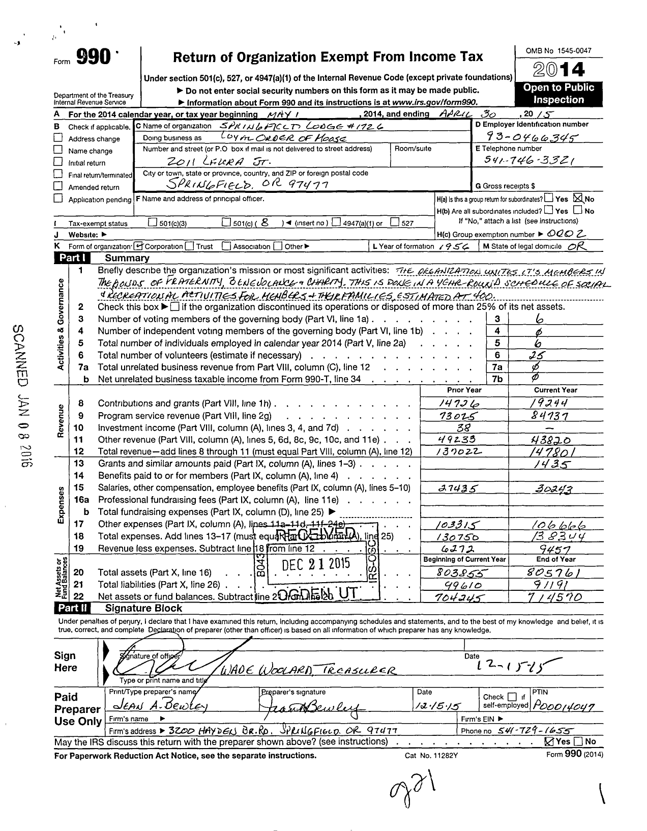 Image of first page of 2014 Form 990O for SPRINGFIELD Lodge #1726 Loyal Order of Moose