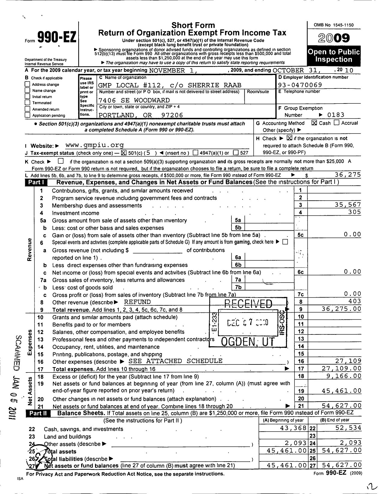 Image of first page of 2009 Form 990EO for United Steelworkers - 00112m Local