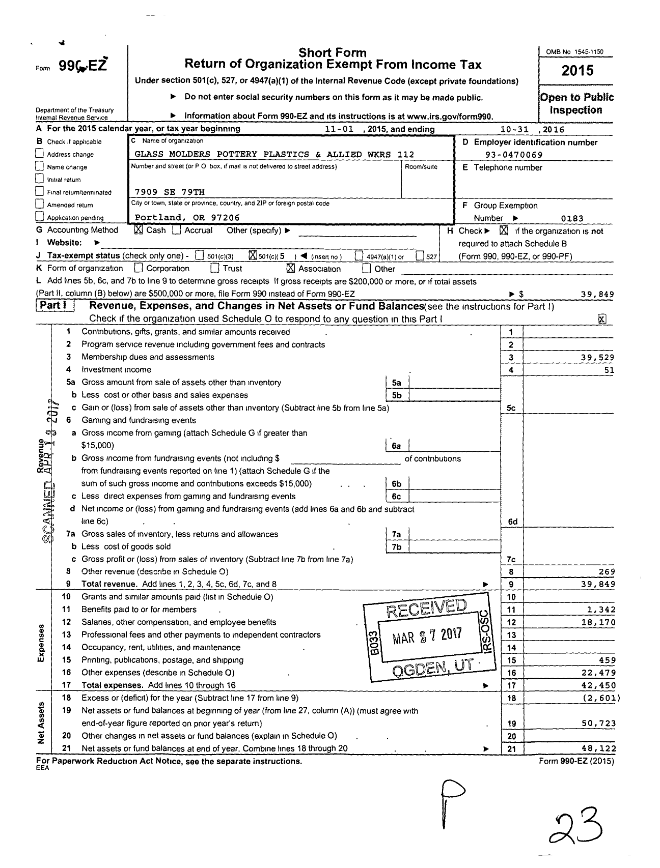 Image of first page of 2015 Form 990EO for United Steelworkers - 00112m Local