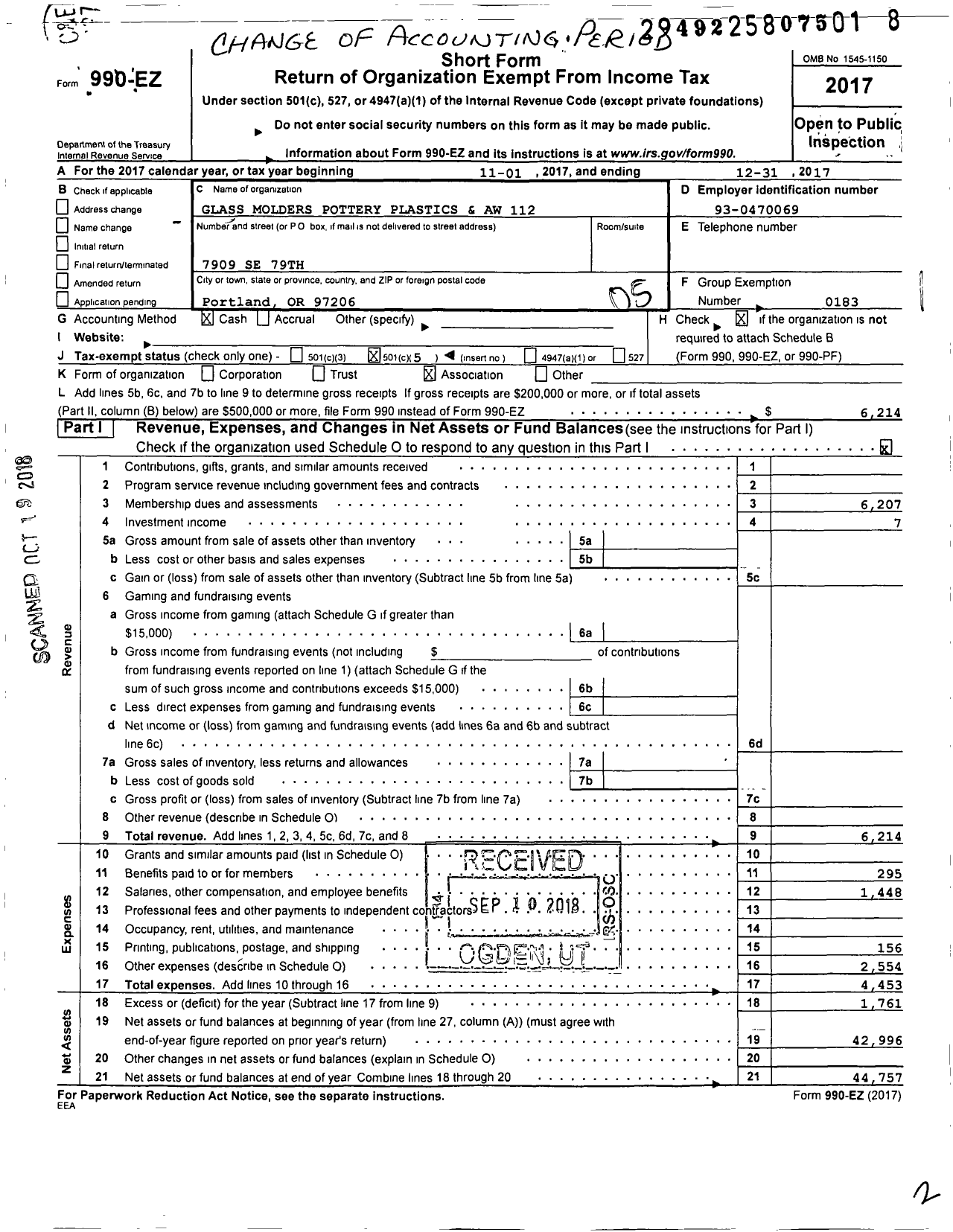 Image of first page of 2017 Form 990EO for United Steelworkers - 00112m Local