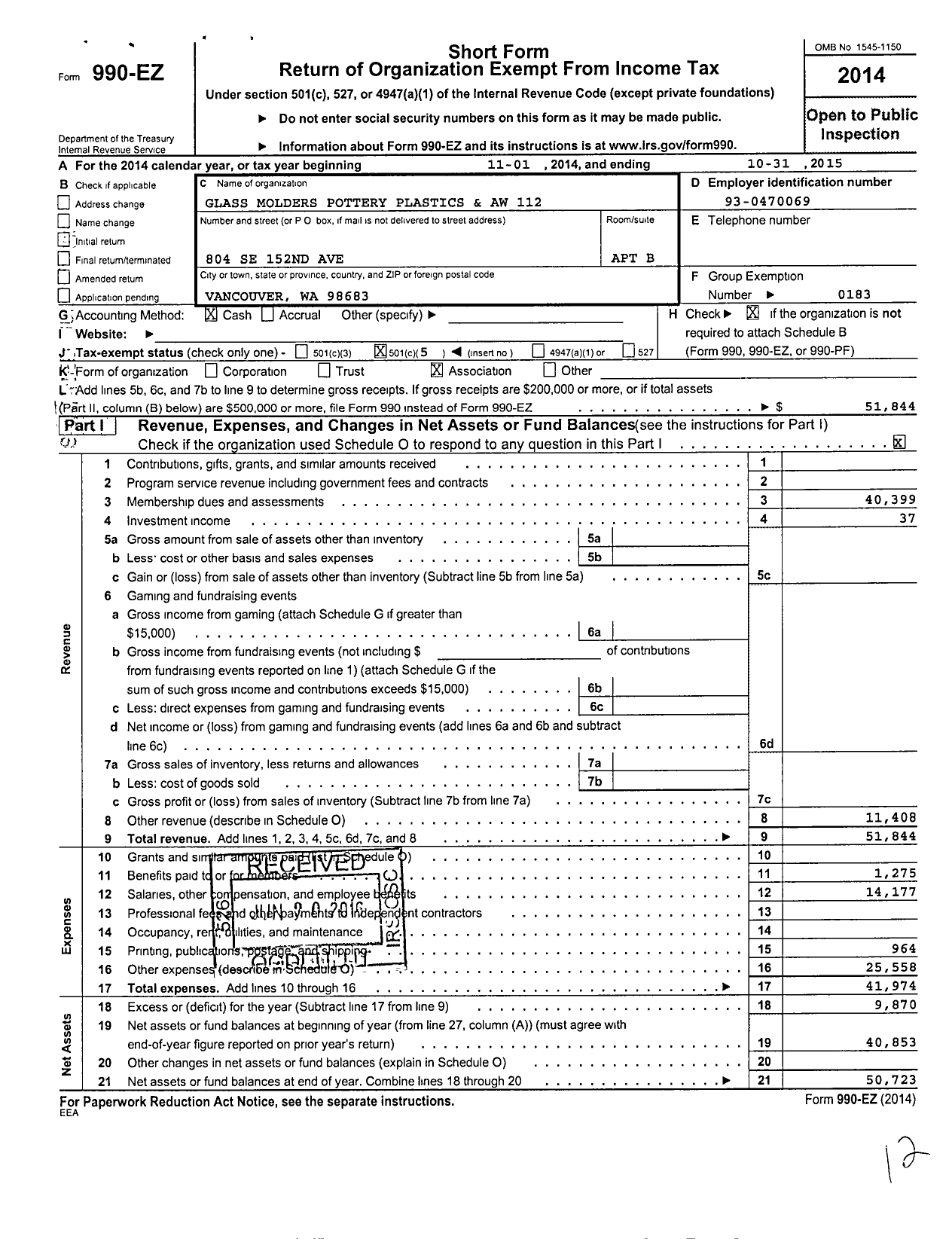 Image of first page of 2014 Form 990EO for United Steelworkers - 00112m Local