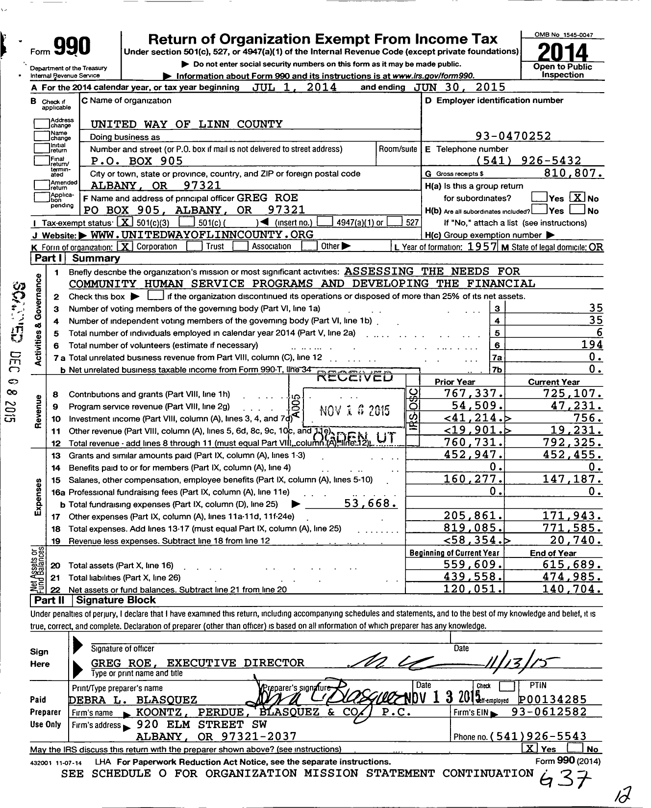 Image of first page of 2014 Form 990 for United Way of Linn Benton and Lincoln Counties
