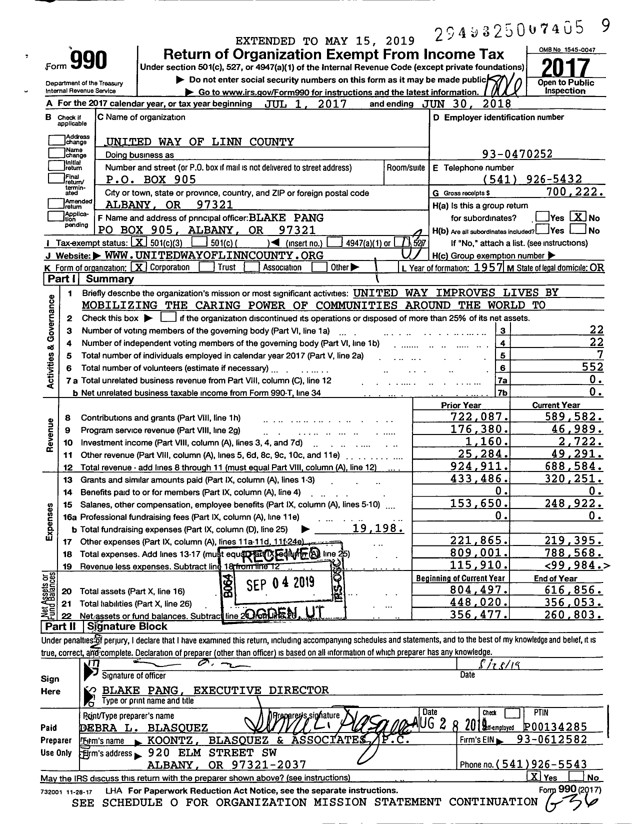 Image of first page of 2017 Form 990 for United Way of Linn Benton and Lincoln Counties