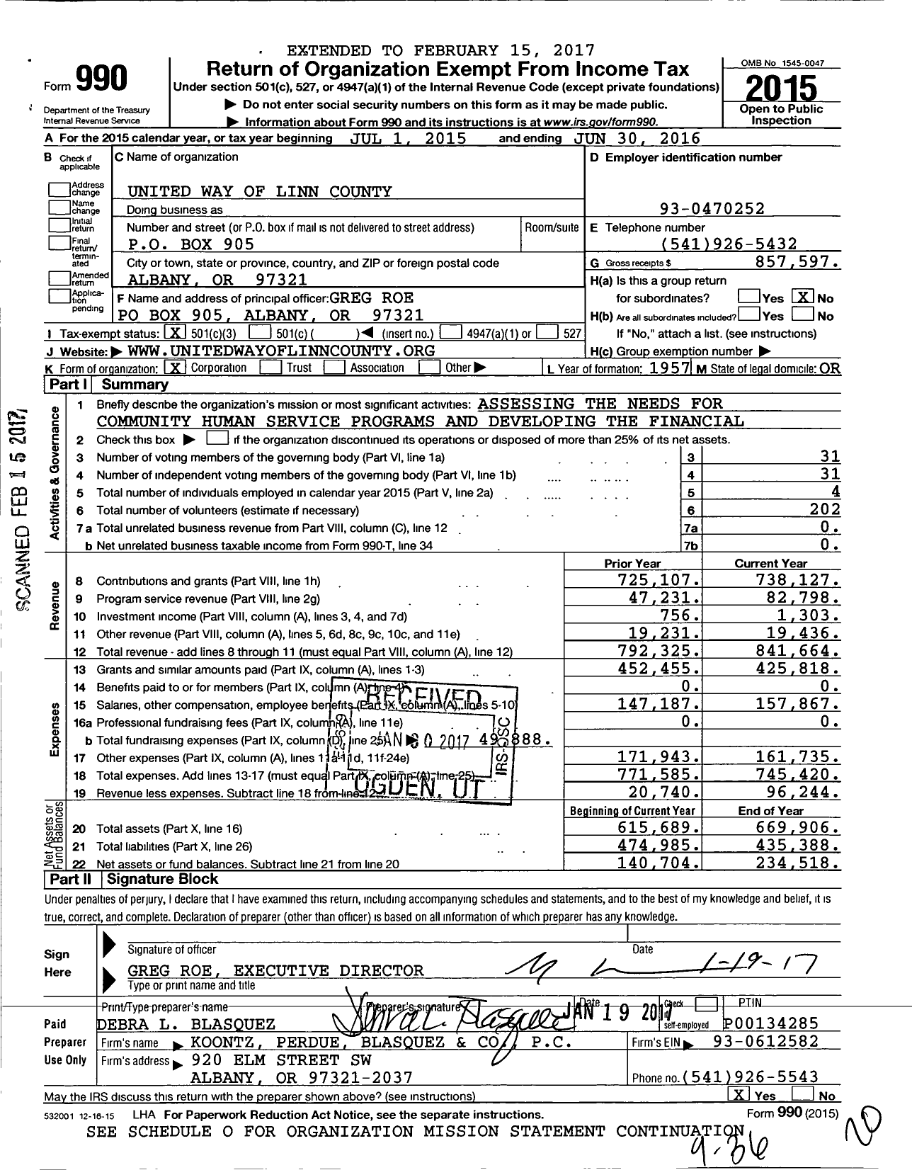 Image of first page of 2015 Form 990 for United Way of Linn Benton and Lincoln Counties