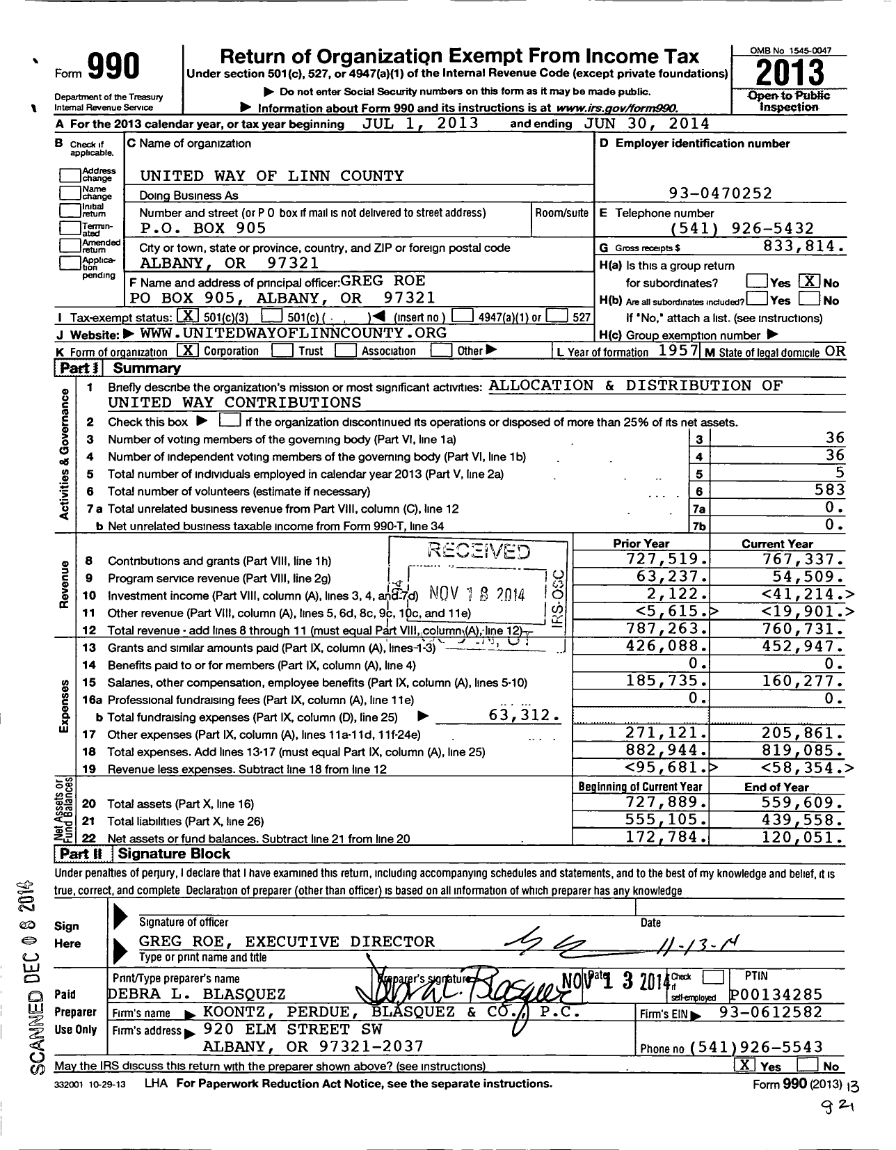 Image of first page of 2013 Form 990 for United Way of Linn Benton and Lincoln Counties