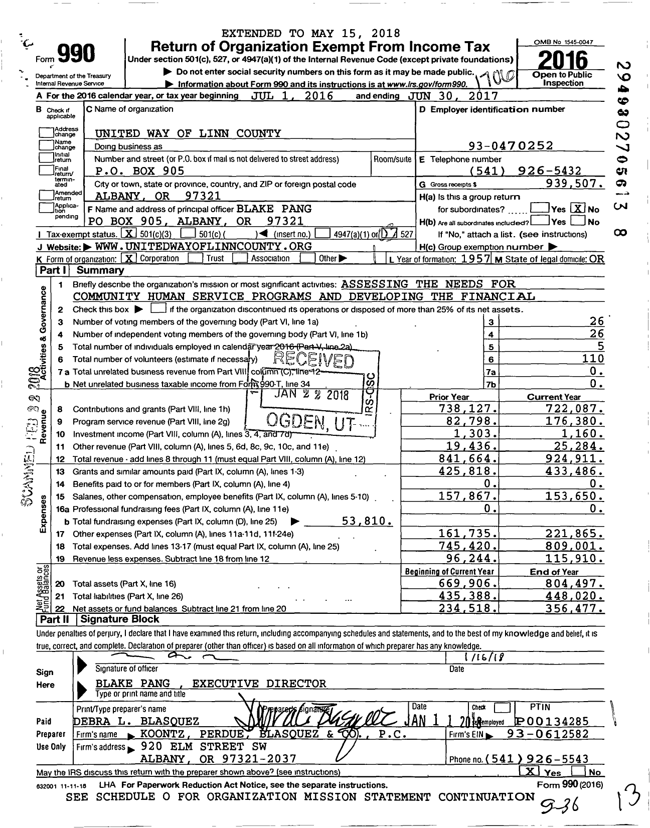 Image of first page of 2016 Form 990 for United Way of Linn Benton and Lincoln Counties