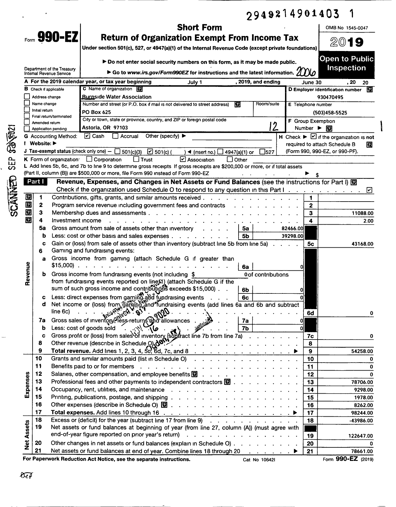 Image of first page of 2019 Form 990EO for Burnside Water Association