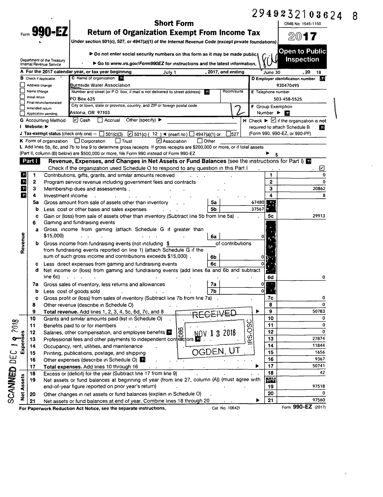 Image of first page of 2017 Form 990EO for Burnside Water Association